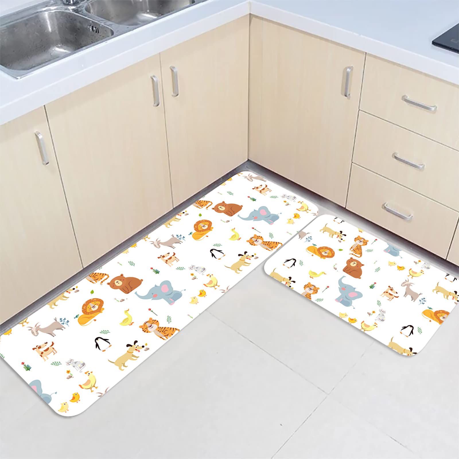 Cartoon Animal Kitchen Mats Set of 2 - Non-Slip Waterproof Microfiber Standing Rugs for Kitchen, Office & Laundry - Cute Tiger Lion Elephant Penguin Design - Perfect for Home Decor & Comfortable Standing While Cooking