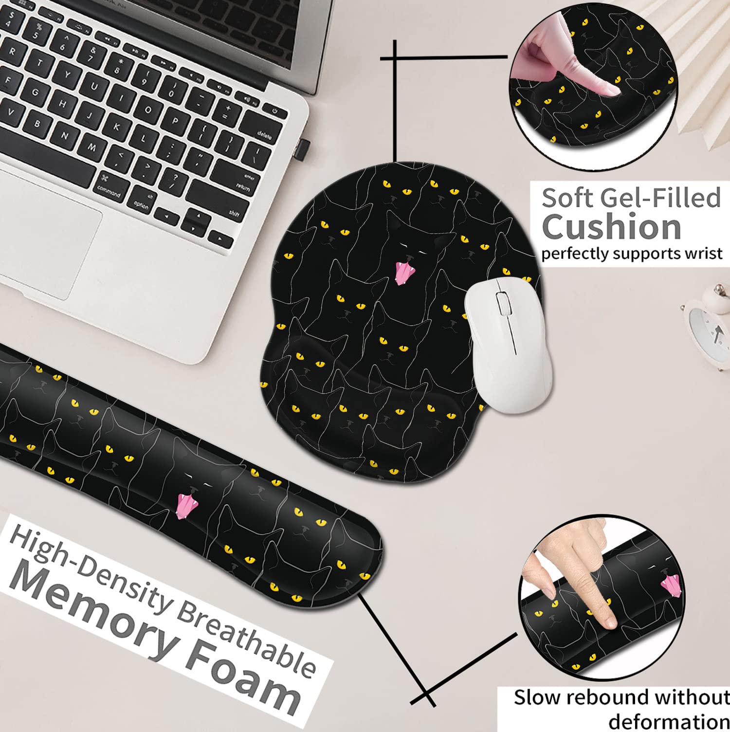 Ergonomic Black Mouse Pad with Wrist Support & Keyboard Rest - Gel Cushion for Computer, Laptop, Home Office & Gaming - Cute Cat Pattern Wireless Desk Pad to Relieve Wrist Fatigue | Perfect for Long Work Hours, Gaming Sessions & Typing Comfort