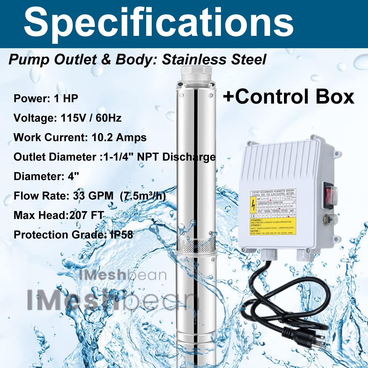 0.5HP/1HP/2HP Stainless Steel Deep Well Submersible Water Pump with 100ft Power Cord & Control Box - Heavy Duty for Home, Farm, Irrigation & Water Supply (1HP 110V)