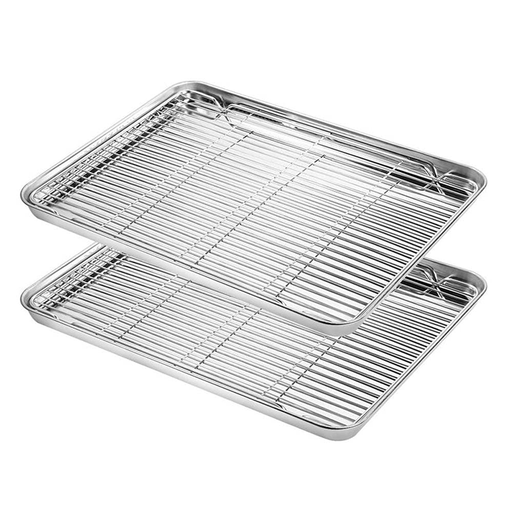 2-Piece Non-Stick Stainless Steel Baking Tray Set - X-Large Cooling Rack for Cakes, Bread & Pastries | Durable Bakeware for Oven & Kitchen | Perfect for Baking, Cooling & Serving Desserts