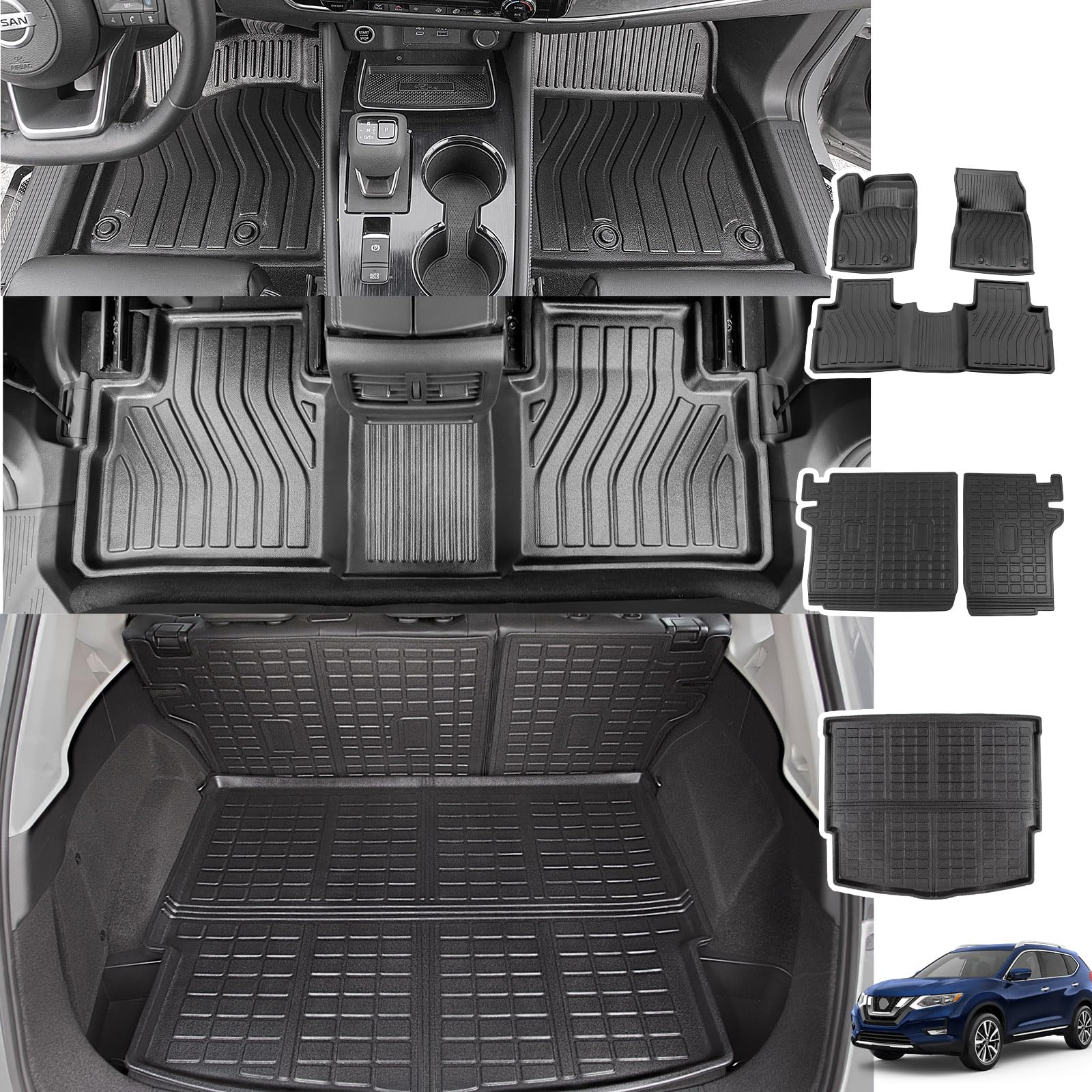 Xipoo All-Weather Floor Mats Set for 2021-2025 Nissan Rogue - Custom Fit Cargo Liner, Backrest Protector & Floor Liners | Durable Car Accessories for SUV Interior Protection (Perfect for Road Trips, Camping & Family Adventures)