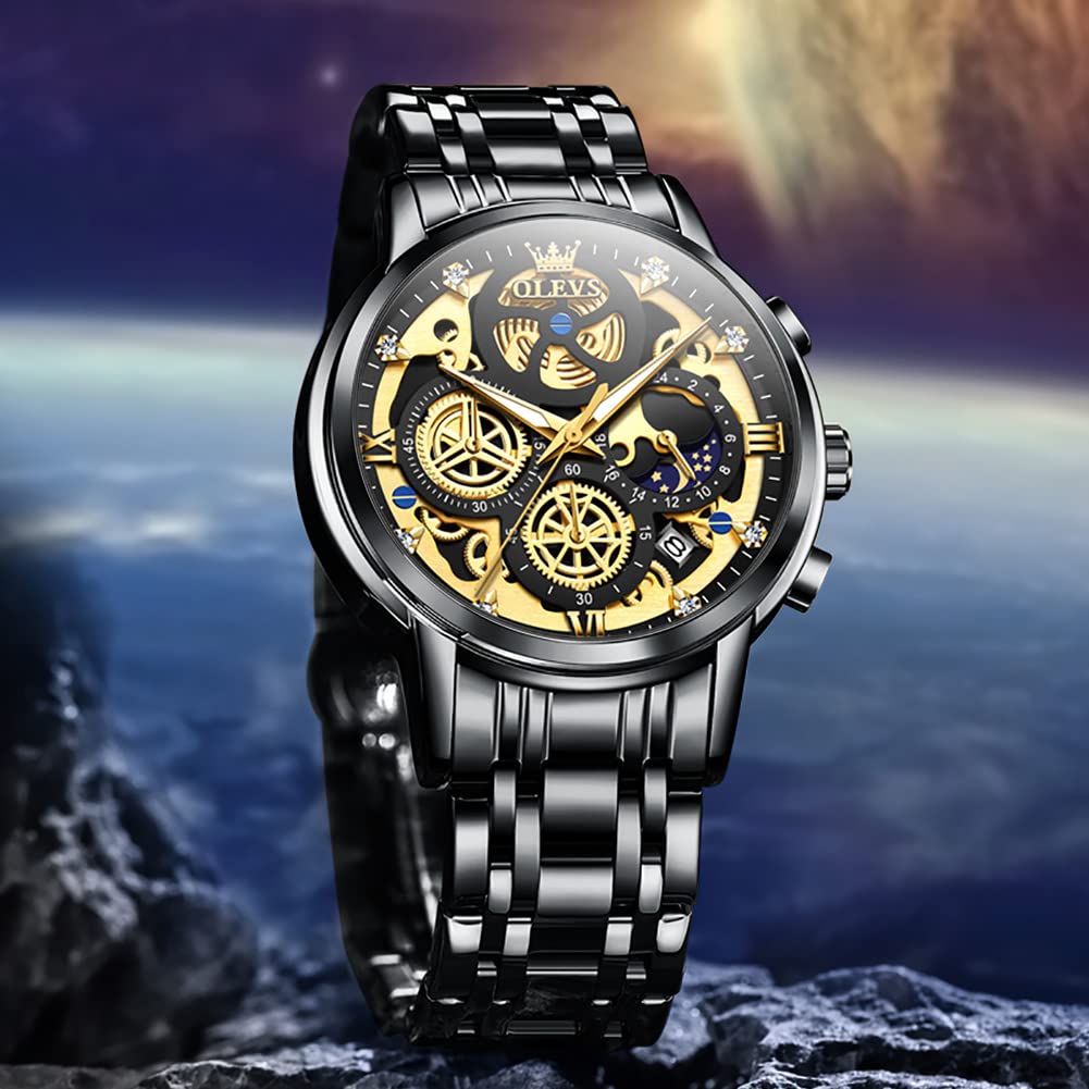 OLEVS Men's Skeleton Stainless Steel Chronograph Watch - Waterproof Analog Wristwatch with Date Display | Luxury Business Dress Watch for Men (Blue/Black/Gold/White) | Perfect for Office, Formal Events & Everyday Wear