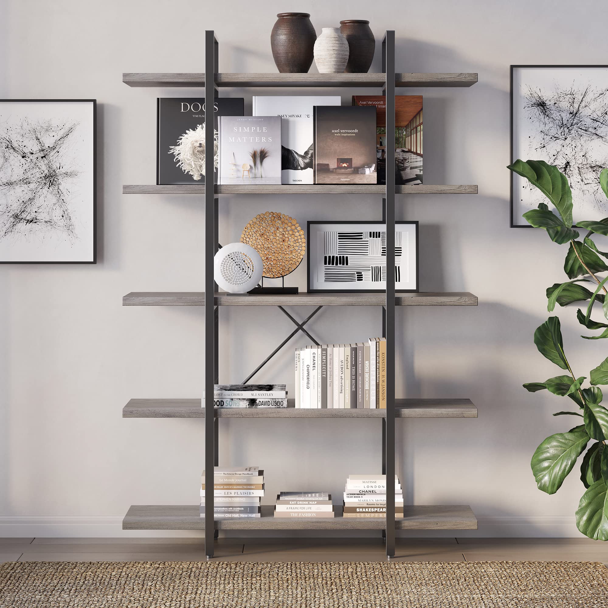 BELLEZE 5-Tier Wood Bookshelf - 70 Inch Industrial Storage Shelves Organizer for Living Room, Home Office, Garage & Pantry - Open Display Shelves with Sturdy Metal Frame in Gray Wash - Perfect for Home Organization & Stylish Storage Solutions