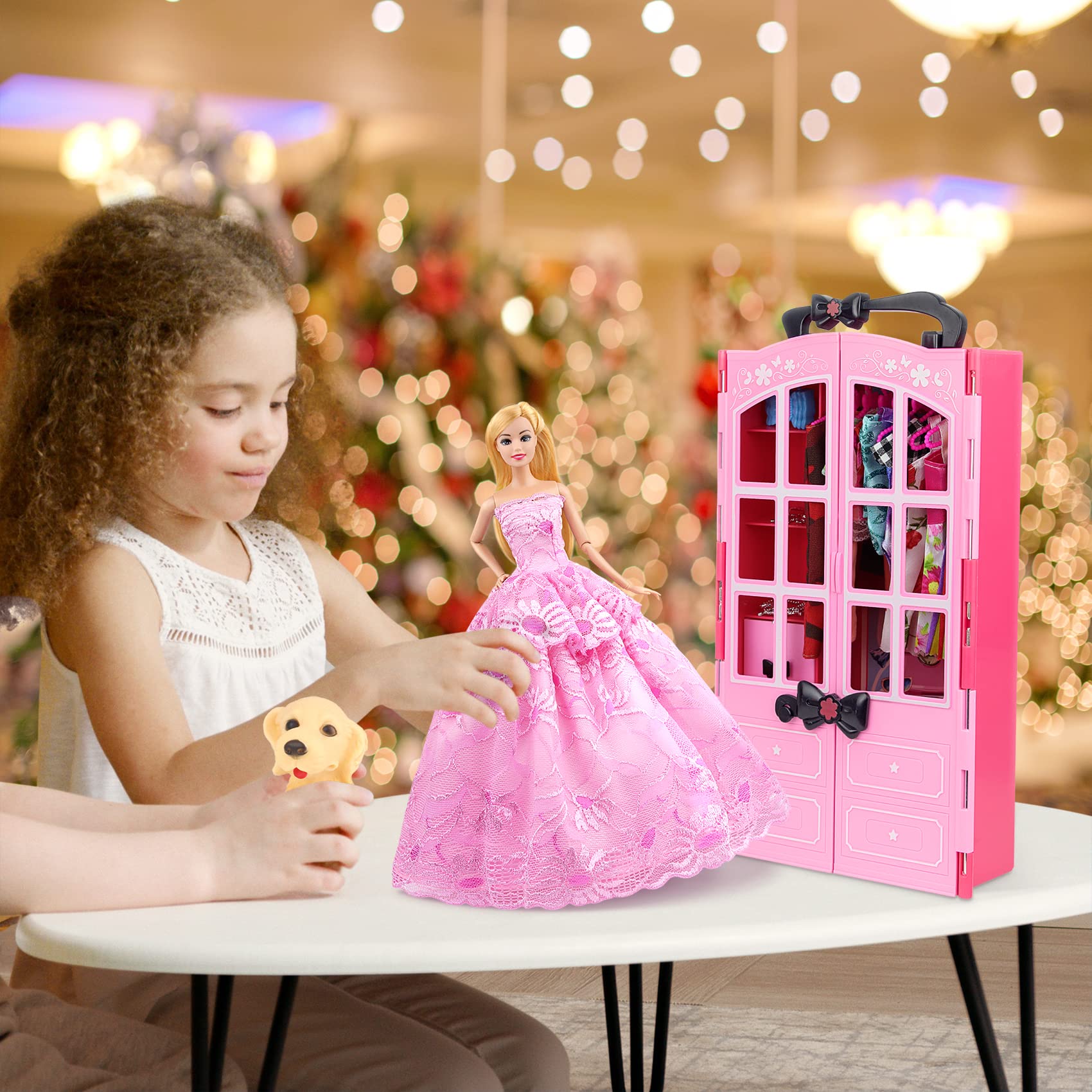 Ecore Fun 120 Pcs Fashion Doll Wardrobe Set - Doll Clothes Storage Organizer with Dresses, Shoes, Bags, Necklace & Hangers for 11.5 Inch Girl Dolls - Perfect for Pretend Play, Birthday Gifts & Kids Room Decor