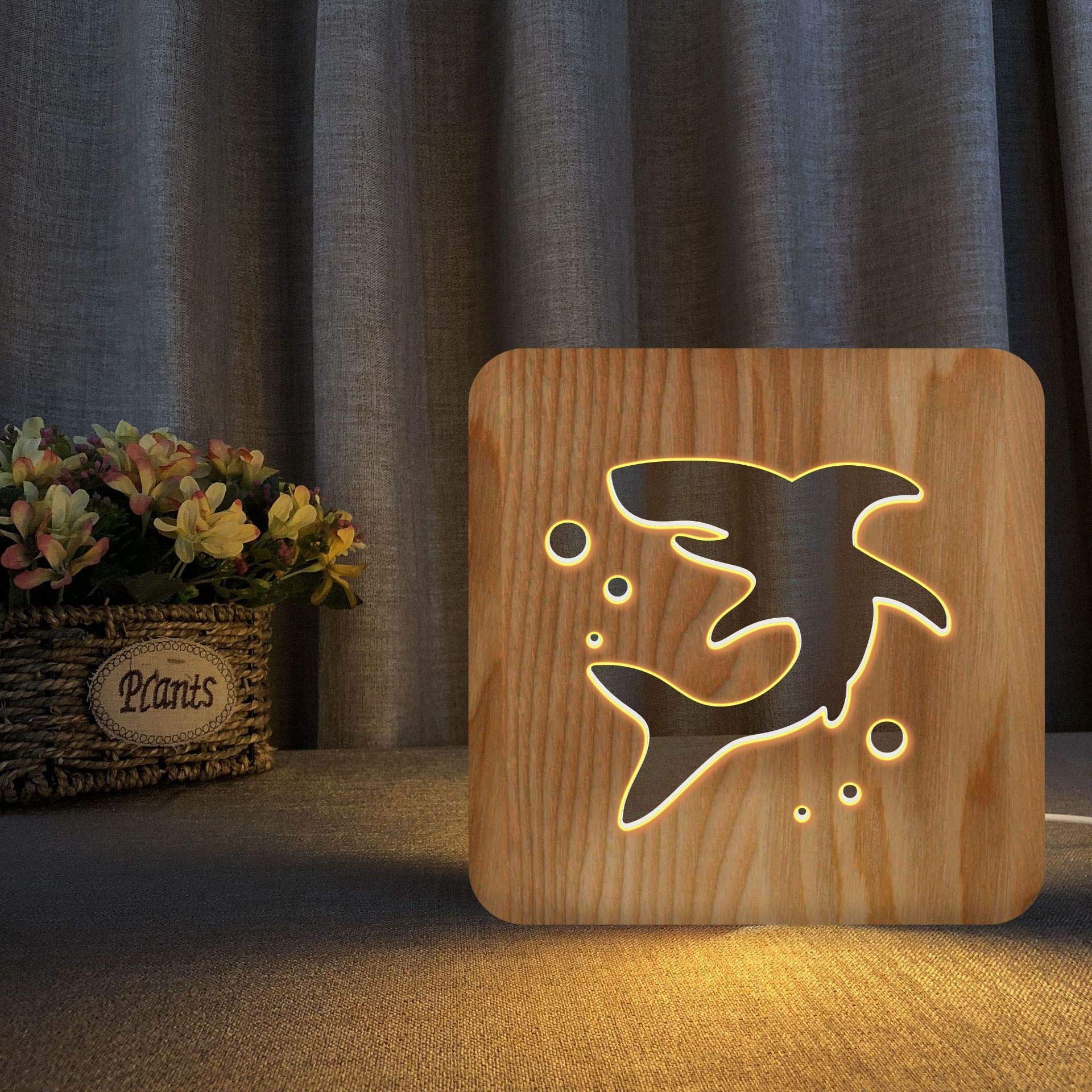 Shark Rabbit 3D Wooden LED Night Light - Modern Kids Room Decor, Creative Table Lamp for Bedroom, Nursery & Living Room - Perfect Gift for Birthday, Christmas & Home Decoration