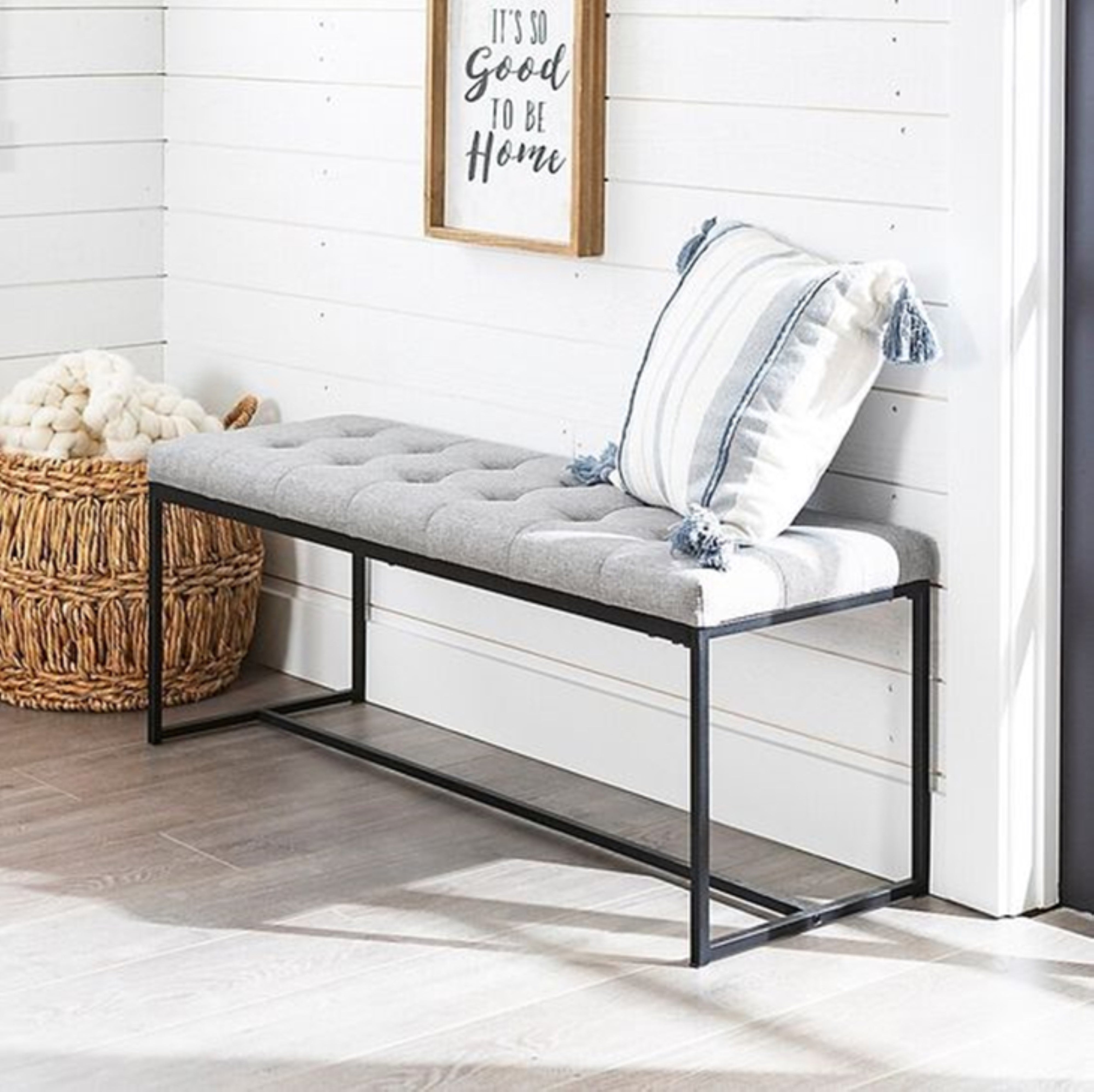 Woodstock™ Grey Fabric Relax Bench Seat with Black Metal Frame - Perfect for Living Room, Patio, or Entryway Seating