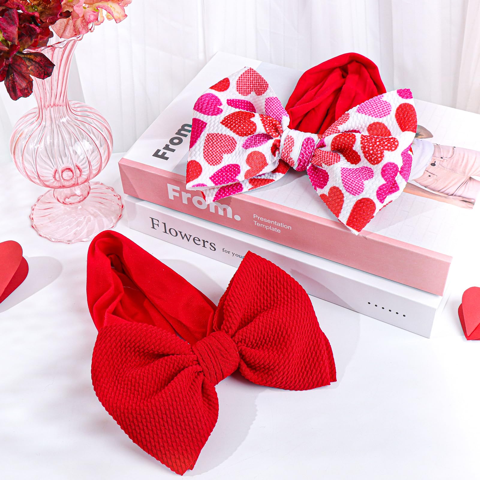 Valentine's Day Red Nylon Heart Headbands for Baby Girls - Handmade Hair Bows for Newborns, Toddlers & Infants - Perfect for Valentine's Gifts, Photo Shoots & Special Occasions