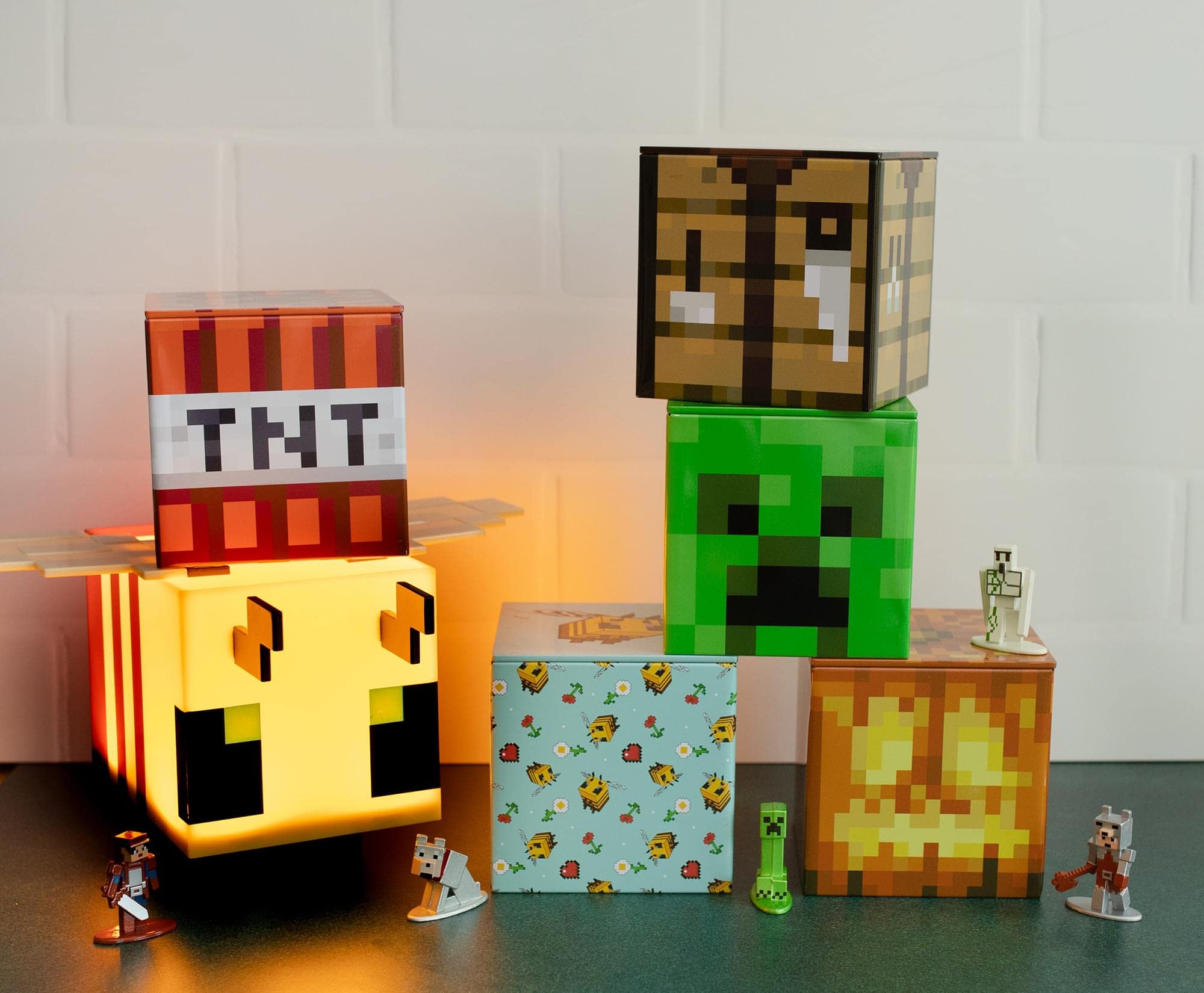 Minecraft 4x4 Inch Tin Storage Box Set of 5 - Bee, Creeper, TNT, Table & Jack | Collectible Game Organizer for Kids Room, Office Desk & Gaming Accessories