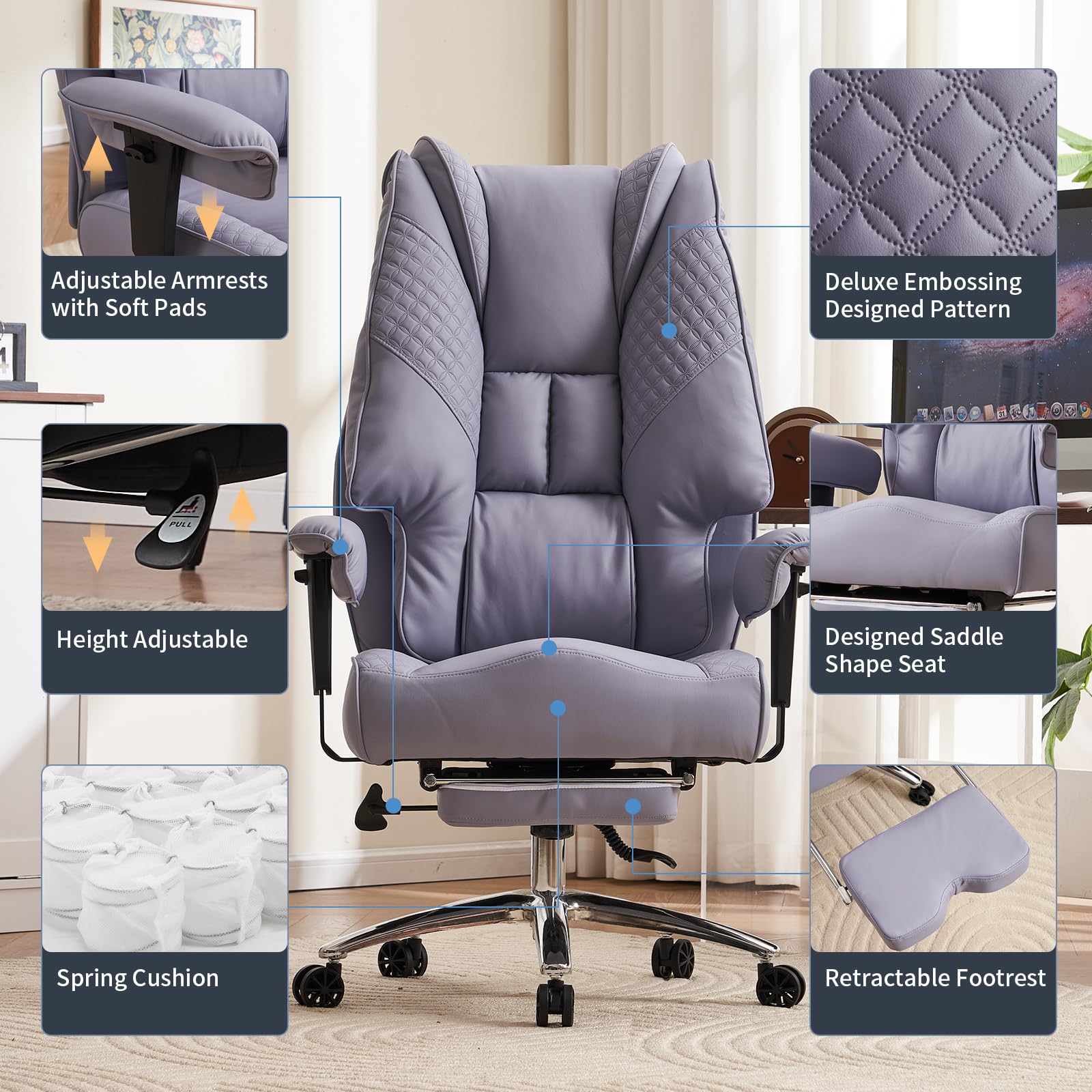 Big and Tall Office Chair 400lbs Capacity - Wide Seat Leather Executive Chair with Adjustable Footrest & Lumbar Support - Ergonomic High Back Desk Chair for Back Pain Relief (Light Purple) - Perfect for Home Office, Gaming, and Long Work Sessions