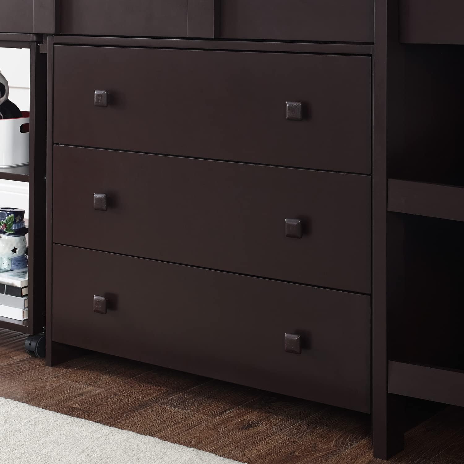 Naomi Home Twin Size Loft Bed with Desk & Storage - Pine Wood Study Bed for Kids with Safety Guard Rails, Bookcase Shelf & Cabinet Ladder - Espresso Finish - Perfect for Small Bedrooms, Dorm Rooms & Kids' Study Spaces