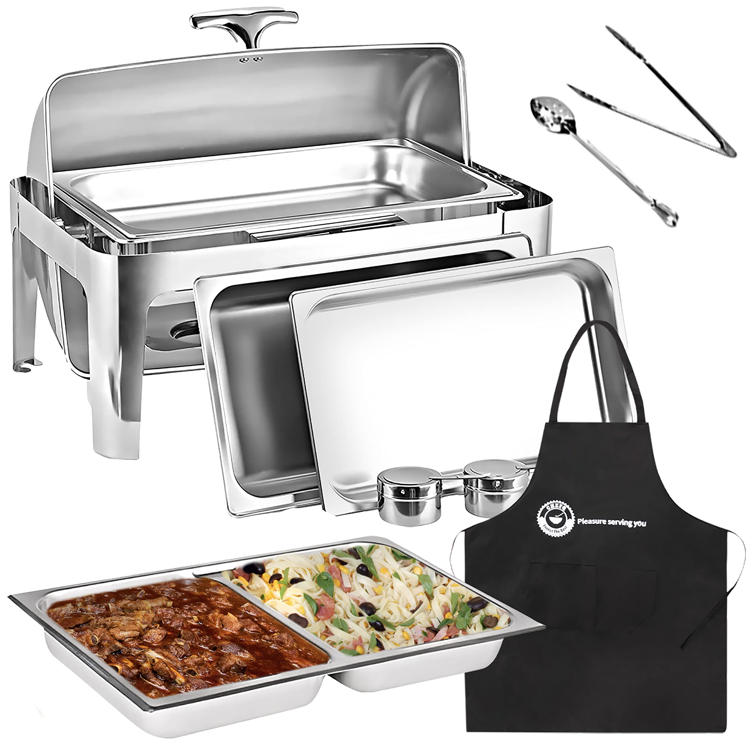 8 QT Deluxe Rectangular Roll-Top Chafing Dish Set with Water Pan, Food Pans, Serving Utensils & Fuel Holders - Stainless Steel Buffet Food Warmer for Catering, Parties, Weddings & Banquets - Keep Meals Hot at Events, Restaurants or Home Entertaining