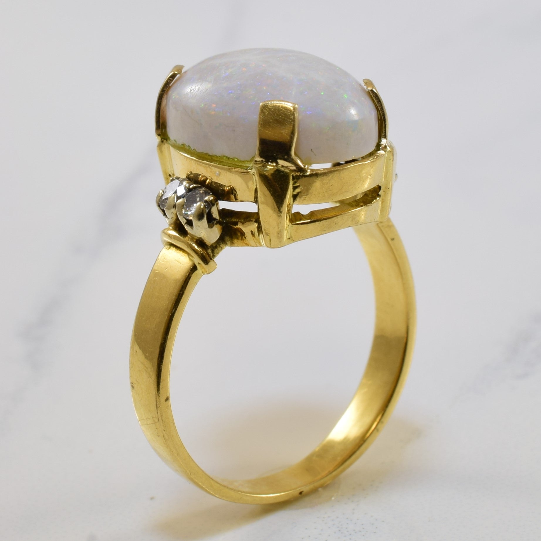Opal and Diamond Prong Set Ring - 0.12ctw Diamonds & 4.00ct Opal - Size 7 - Elegant Wedding, Anniversary or Gift Jewelry for Women