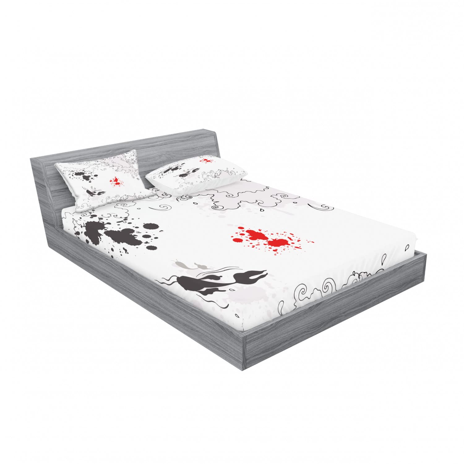 Ambesonne 2-Pack King Size Fitted Sheet Set with 4 Pillow Shams - Koi Fish Swimming Pattern Bedding in White Black Grey - Perfect for Master Bedroom, Guest Room & Coastal Decor