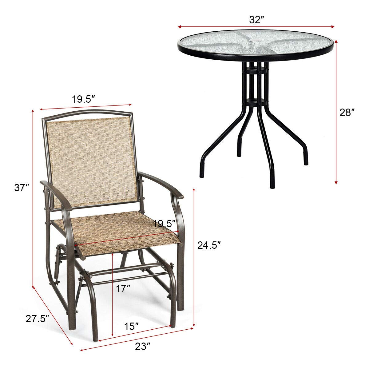 Tangkula 3-Piece Outdoor Bistro Set with Rocking Glider Chairs & Glass Table - Patio Furniture with Umbrella Hole for Garden, Deck, and Backyard Relaxation