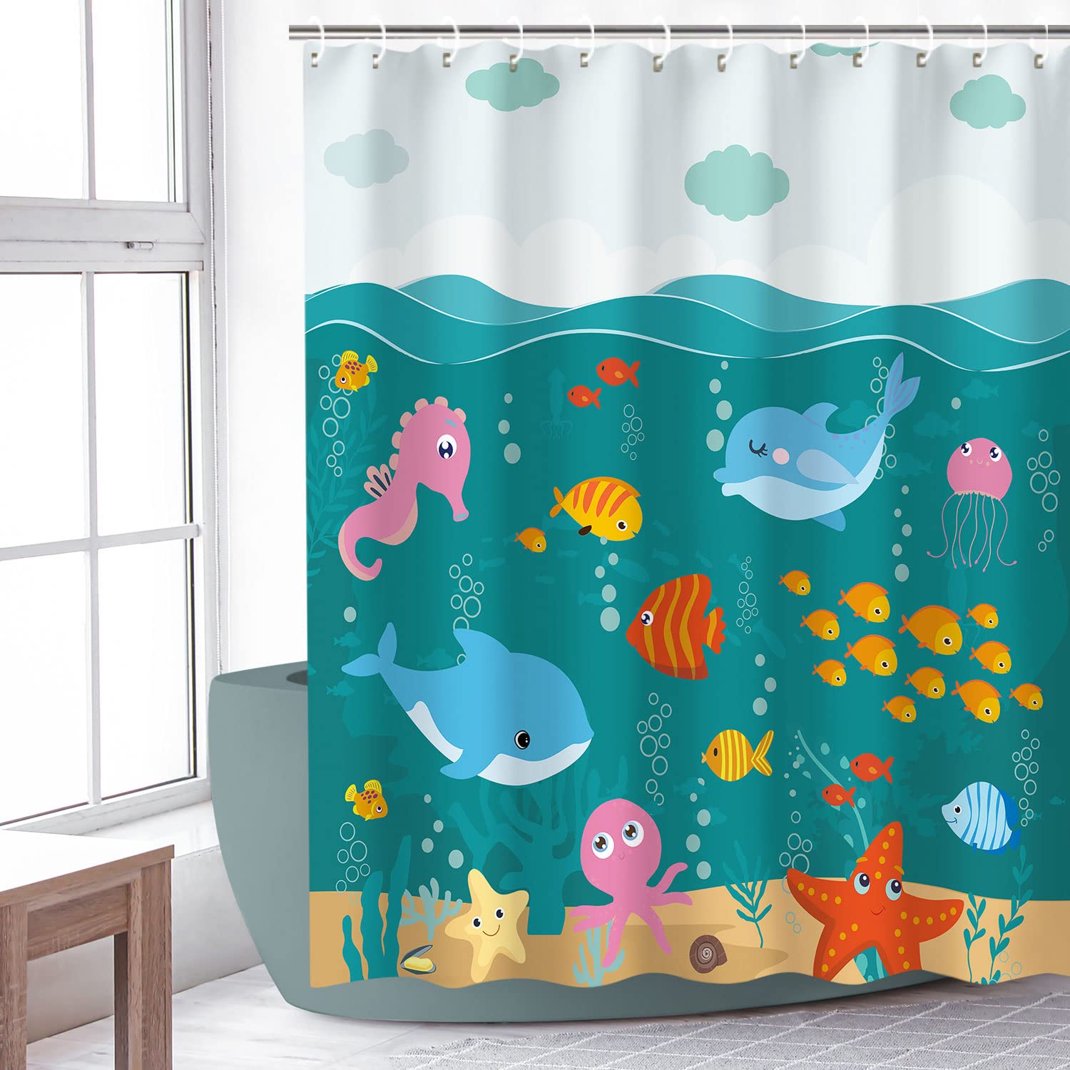 RosieLily Waterproof Fish Shower Curtain - Kids Bathroom Decor with Ocean Animals, Dolphins & Jellyfish - 72x72 Inches with 12 Hooks - Perfect for Beach Themed Bathrooms & Nautical Nursery Decor