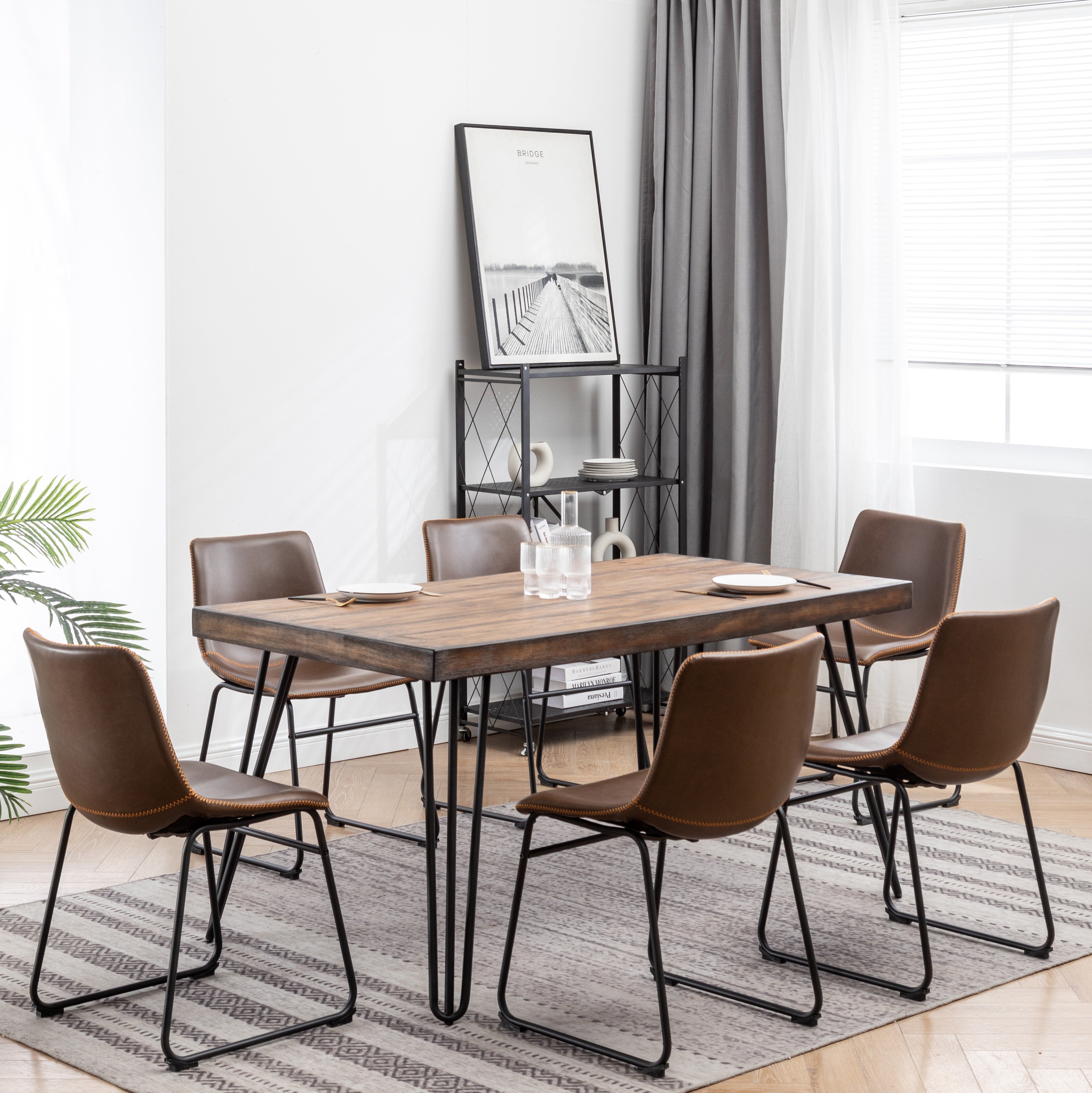 Roundhill Furniture Aryven 7-Piece Industrial Dining Set - Rustic Dark Pine Table & 6 Antique Brown Faux Leather Chairs for Farmhouse Kitchen & Dining Room Decor