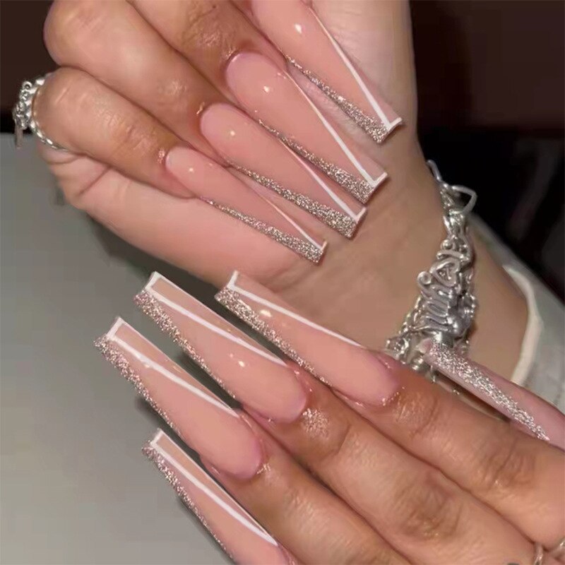 24pcs/Box Long T Handmade Valentine's Day French Flame Wave False Nails with Diamond - Waterproof Gel Nail Art for Wedding, Party & Special Occasions