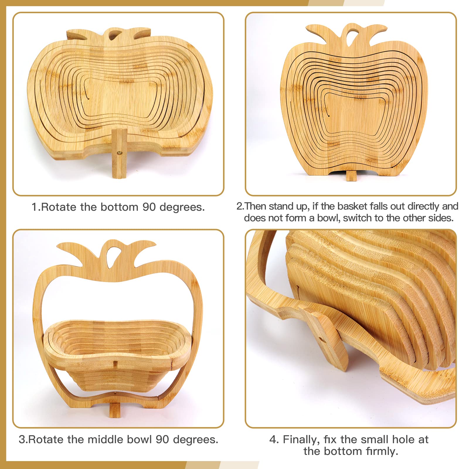 MYOSOTIS Foldable Bamboo Fruit Basket - Reusable Veggie Basket & Dried Fruit Bowl Holder - Perfect for Kitchen Storage, Holiday Decorations, Christmas Party & Mom Gifts (Apple Design)