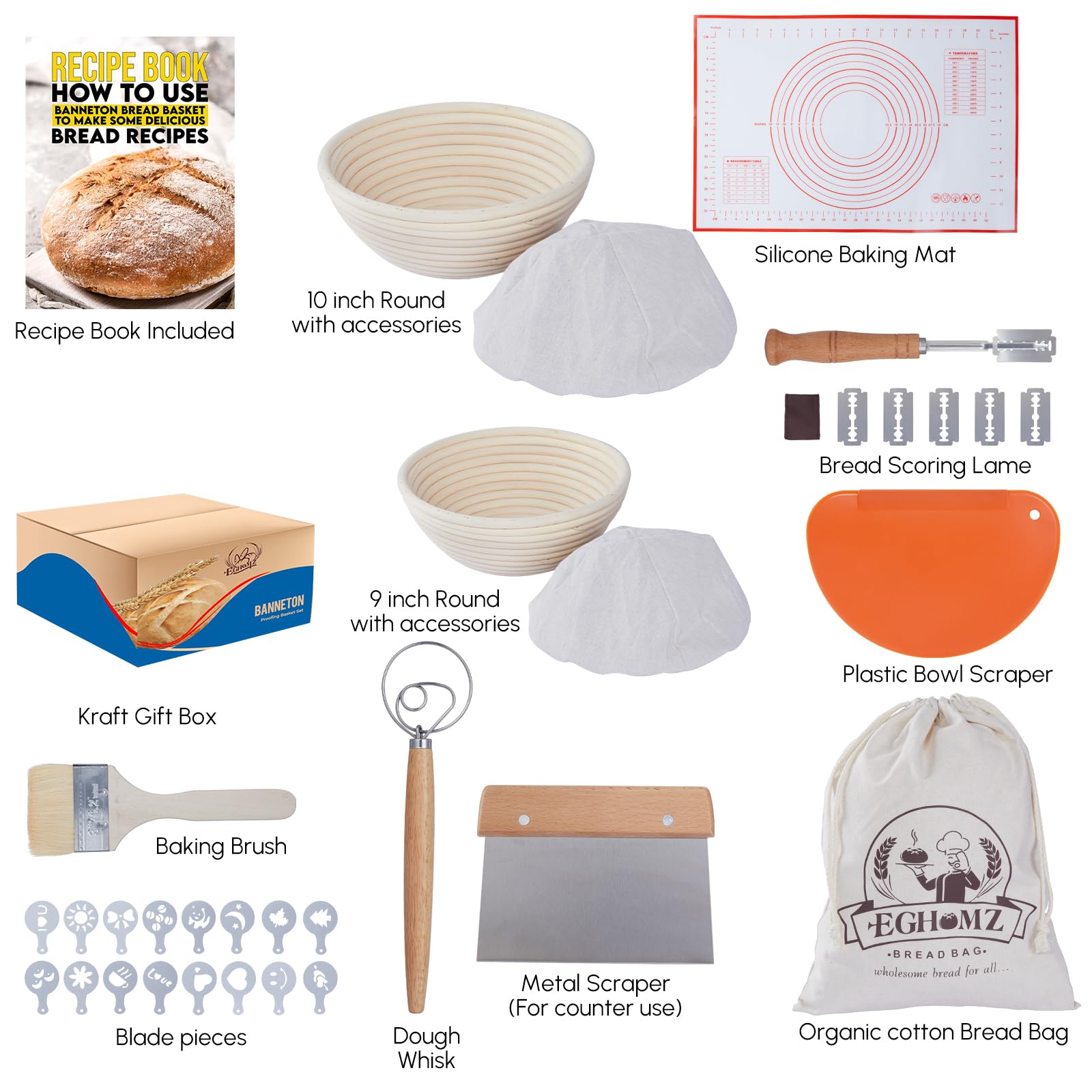 17-Piece Banneton Bread Proofing Basket Set - 9 & 10 Inch Round Sourdough Bread Proofing Baskets with Danish Whisk, Bowl Scraper, Dough Scraper & Bread Lame - Complete Bread Making Kit for Artisan Sourdough, Homemade Bread & Baking Enthusiasts