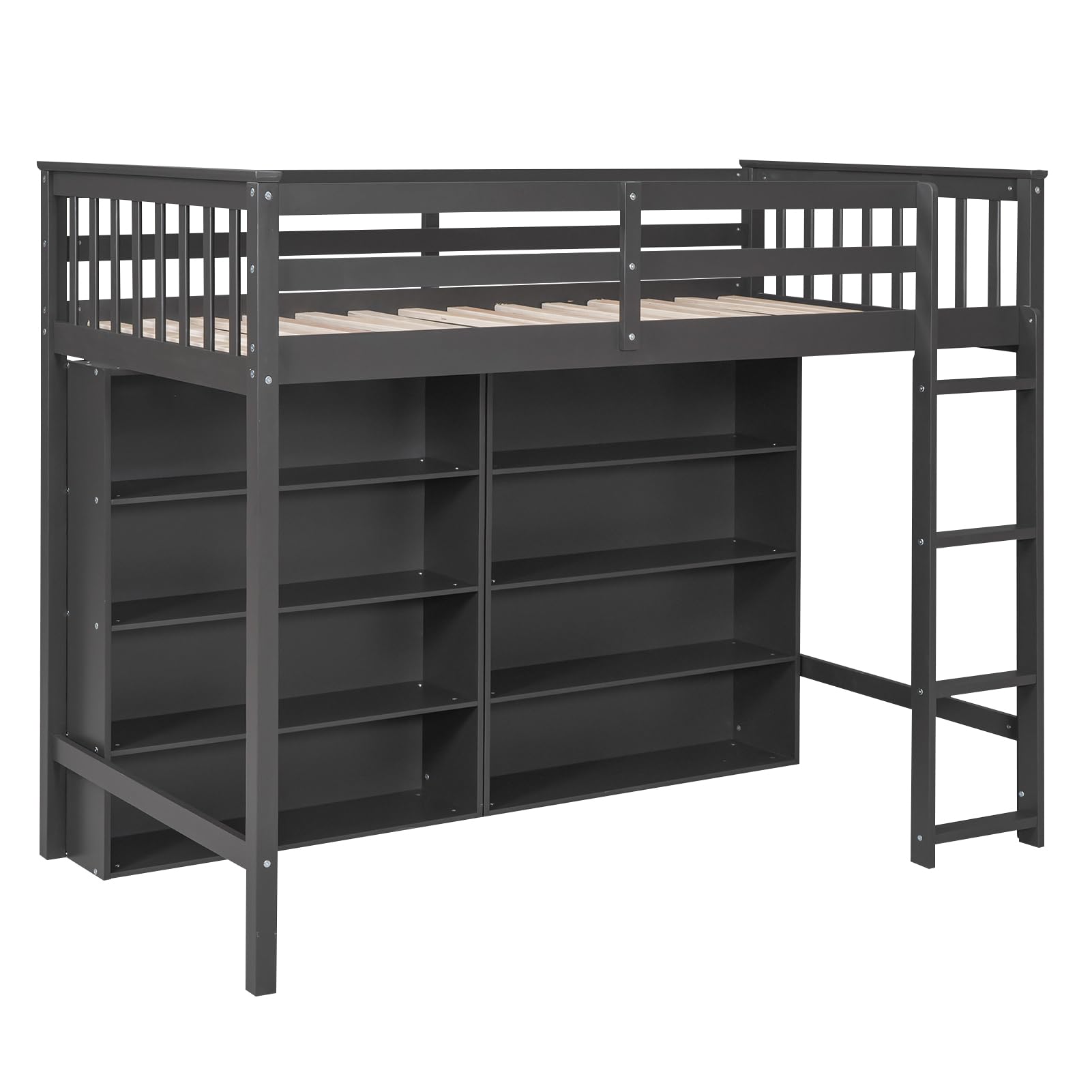 SOFTSEA Twin Size Loft Bed with Storage Shelves & Bookcase - Solid Wood High Loft Bed Frame with Underbed Space & Ladder - Perfect for Kids, Boys, Girls & Teens Bedroom - Space-Saving Grey Loft Bed for Small Rooms, Dorms & Apartments