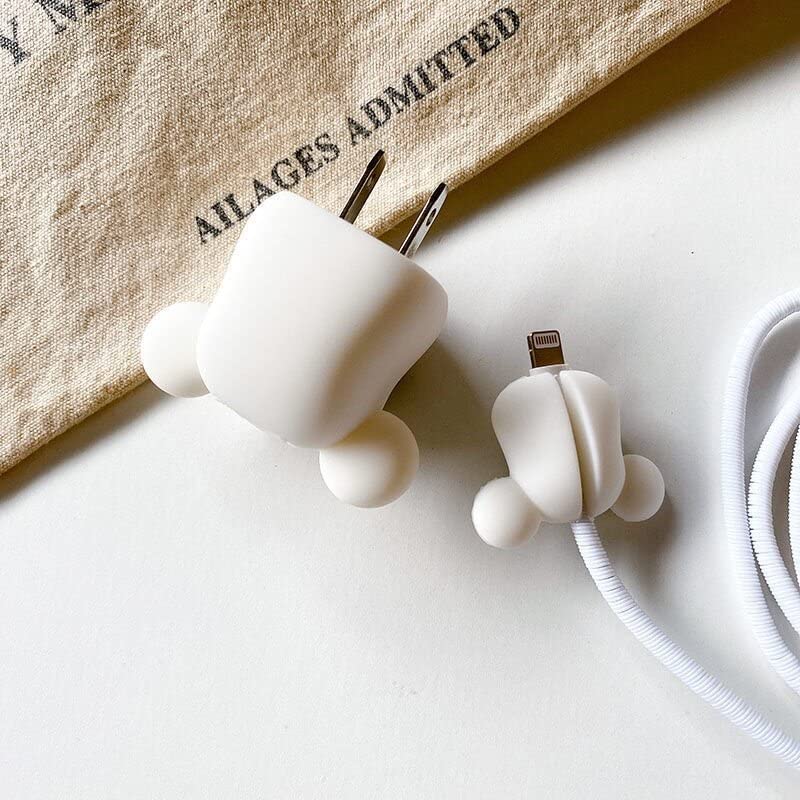 Cute Cartoon Soft Silicone Charger Cover for iPhone - 5W Charger Protector & Cord Case (Compatible with iPhone X/XS/XR/XS Max/7/8/7 Plus/8 Plus/6/6S/6 Plus/6S Plus/SE/5) - 4-in-1 Mini Set for Home, Office, Travel & Car Charging Protection