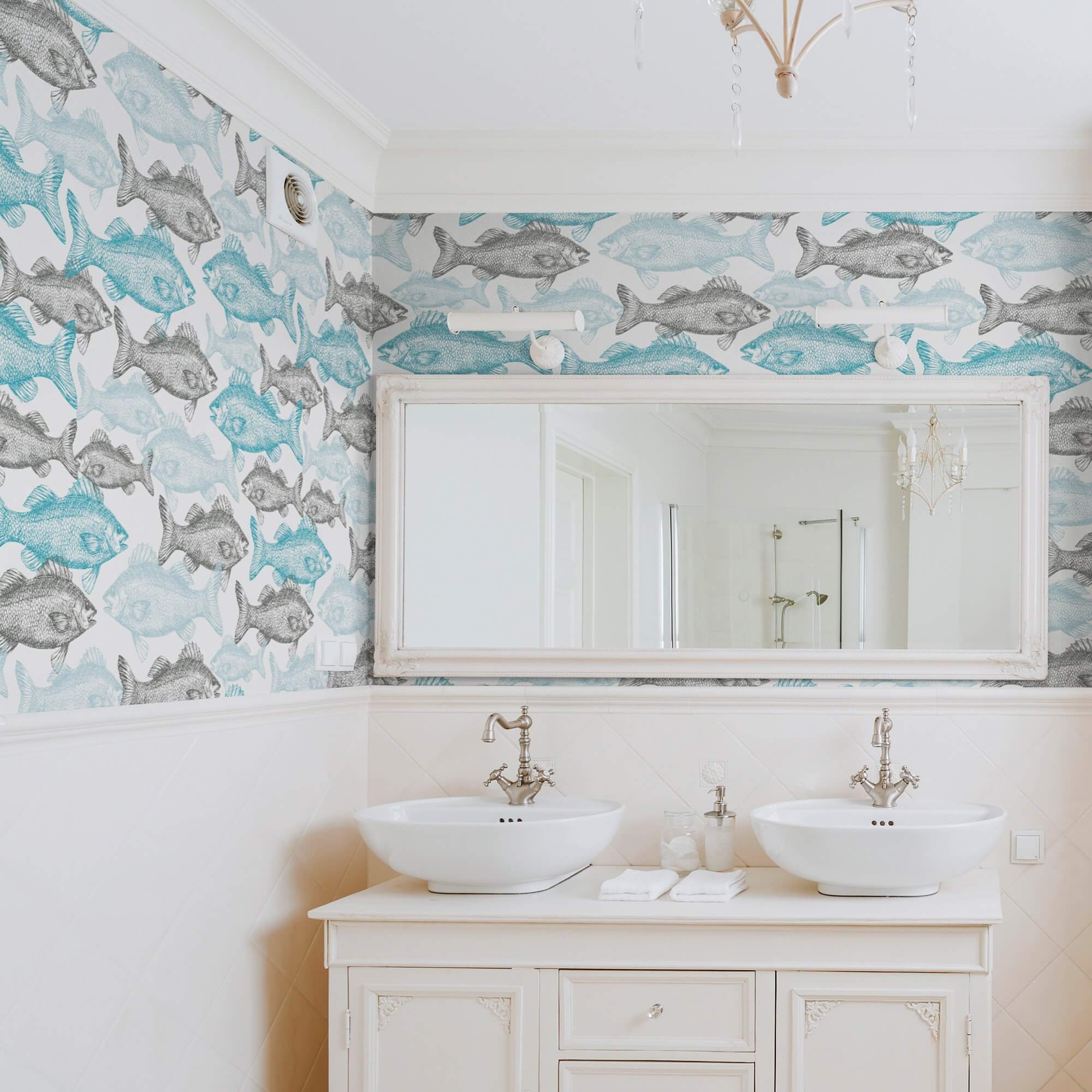 Blue Fish Nautical Peel and Stick Removable Wallpaper - Self-Adhesive Decorative Wall Covering for Bedroom, Bathroom, Nursery & Home Decor