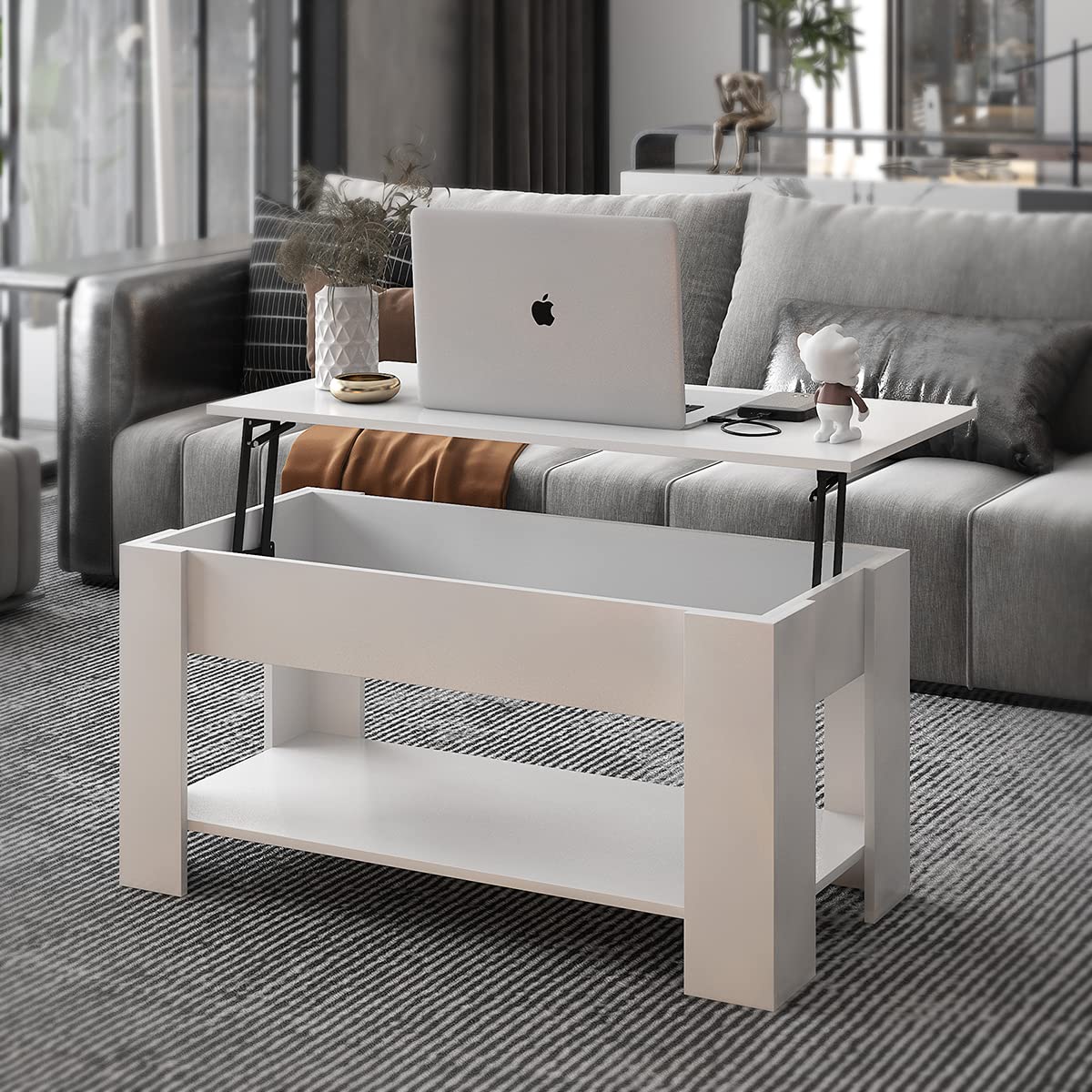 Lift Top Coffee Table with Hidden Storage & 2 Open Shelves - White Modern End Table for Living Room, Reception Area, Office - Perfect for Small Space Organization & Remote Work Setup