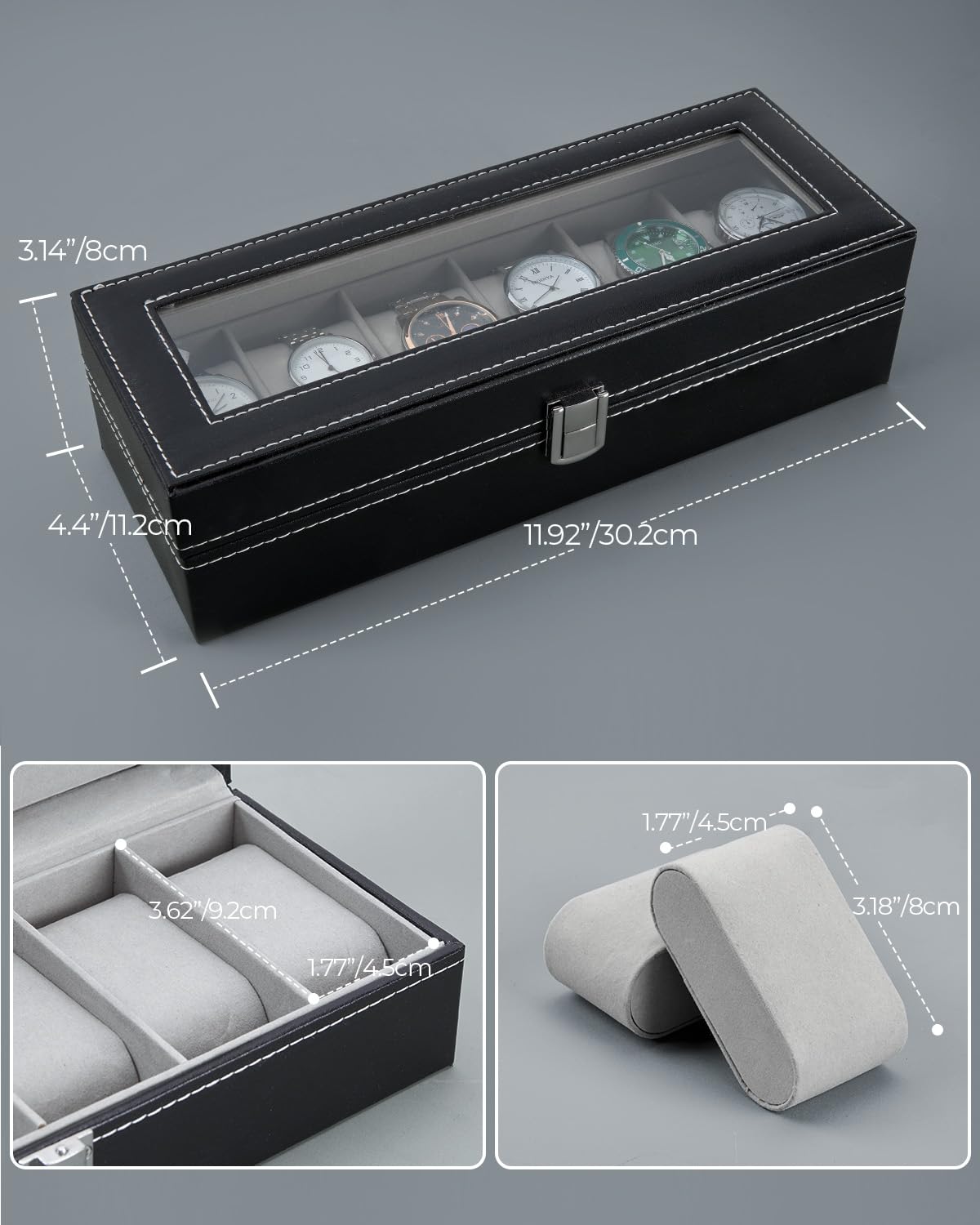Ohuhu 6 Slot Watch Box with PU Leather & Real Glass Lid - Premium Watch Display & Storage Case for Men & Women - Perfect for Travel, Home, Office & Gift Giving