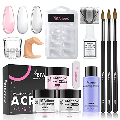 BTArtbox Acrylic Nail Kit - Professional Pink, White & Clear Acrylic Powder & Liquid Monomer Set with Nail Brush, Forms & Practice Finger for Beginners | DIY Nail Art, Salon Manicure & Home Nail Extension