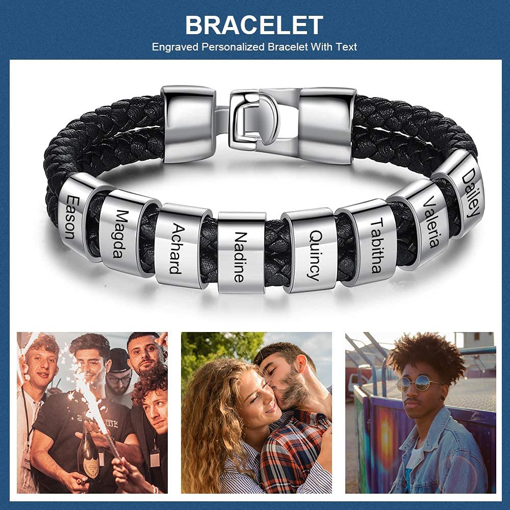 Custom Personalized Men's Leather Bracelet - Black Braided Name ID Bracelet with 1-8 Engraved Beads | Stylish Gift for Boyfriend, Husband, Father | Perfect for Weddings, Anniversaries & Everyday Wear