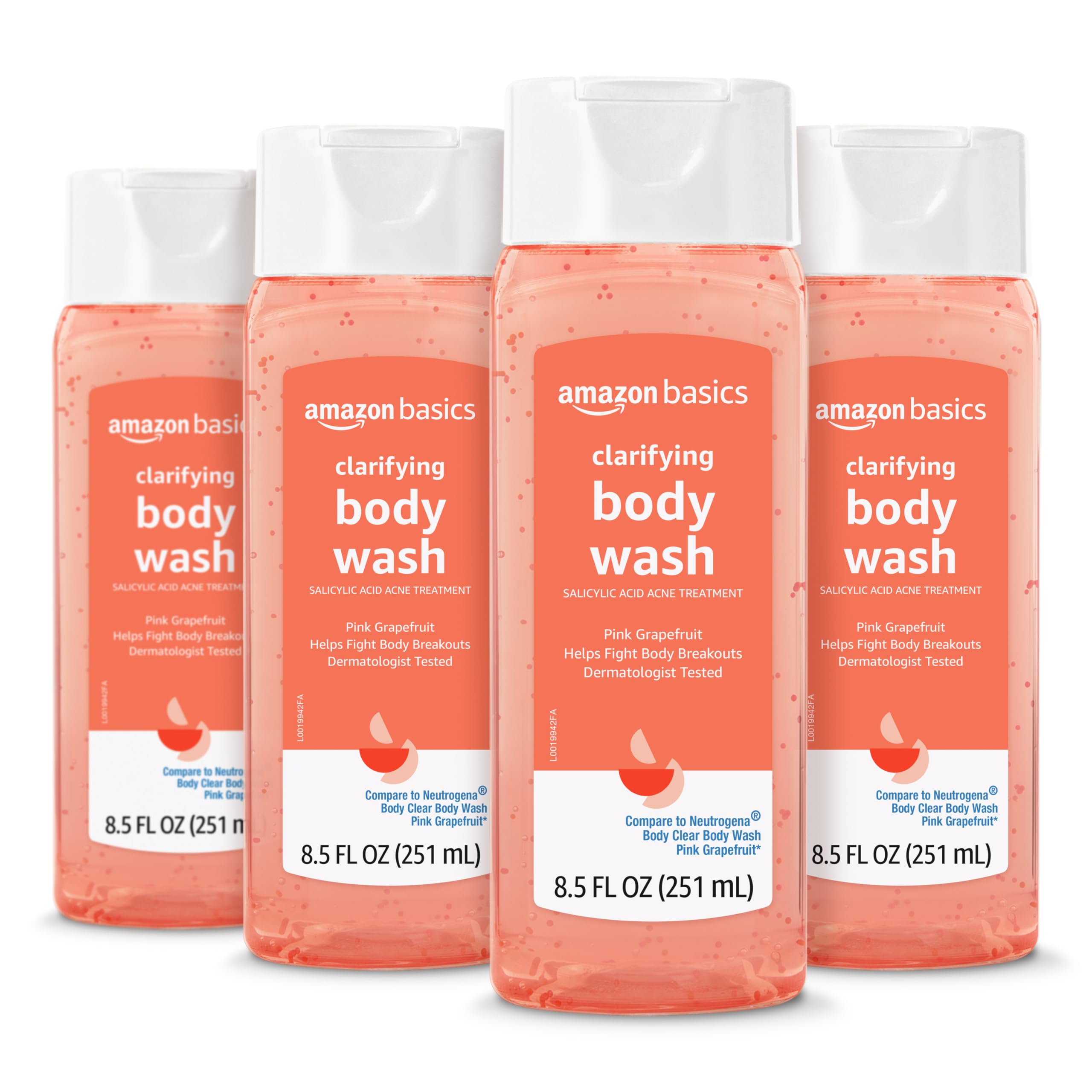 Amazon Basics Clarifying Pink Grapefruit Body Wash with 2% Salicylic Acid - Acne Treatment & Exfoliating Body Wash for Clear Skin - Dermatologist Tested, 8.5 Fl Oz (Pack of 4) - Perfect for Daily Shower & Post-Workout Skincare Routine