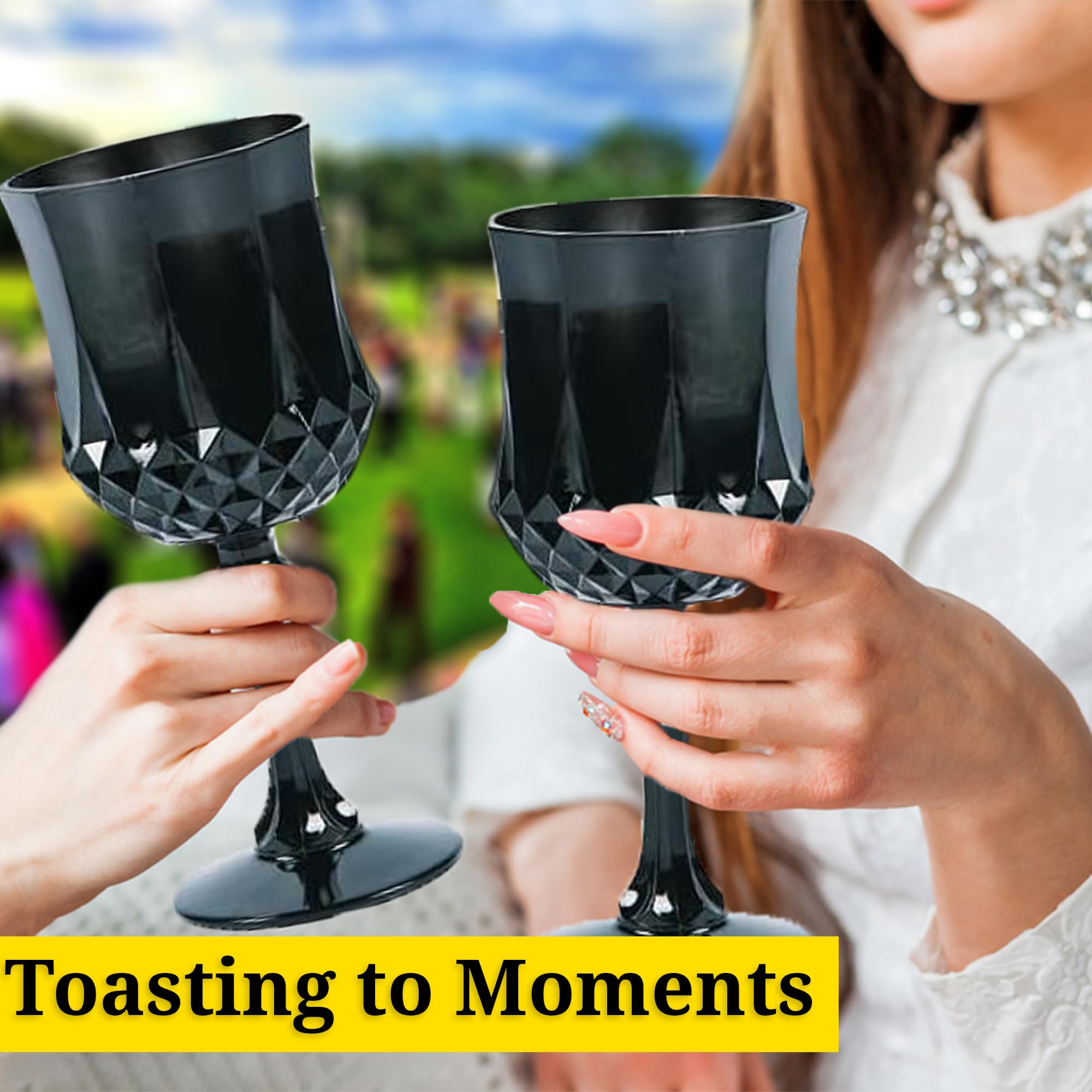 48-Pack Black Patterned Plastic Wine Glasses for Wedding, Reception & Party Events - Elegant Disposable Cups for Grand Celebrations, Bridal Showers & Banquets