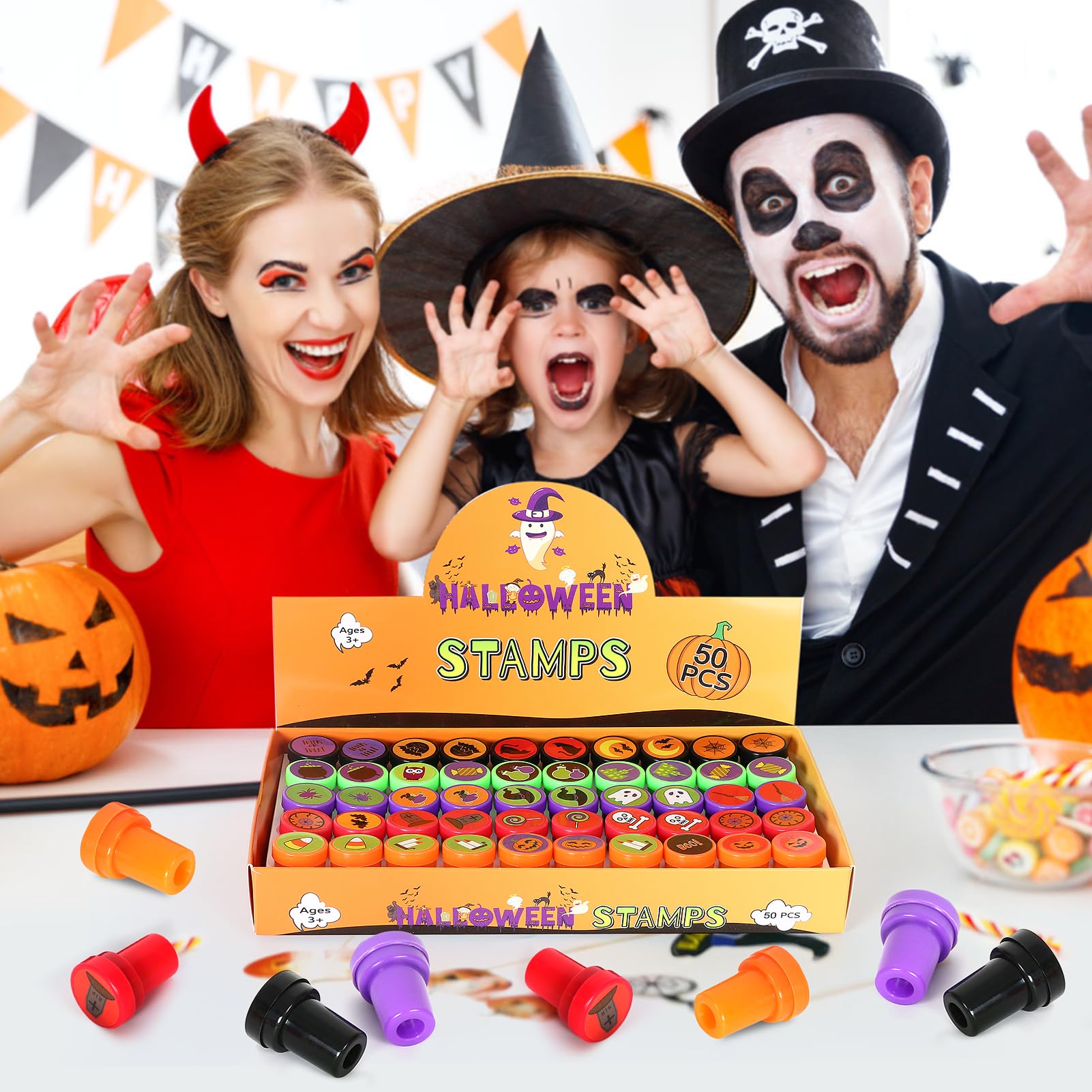 50 Pcs Halloween Stamps for Kids - Bulk Halloween Decorations, Party Favors & Goodie Bag Fillers - Fun Halloween Toys for Treat Bags, Candy Bags & Classroom Activities - Perfect for Halloween Parties, Trick or Treat & School Events
