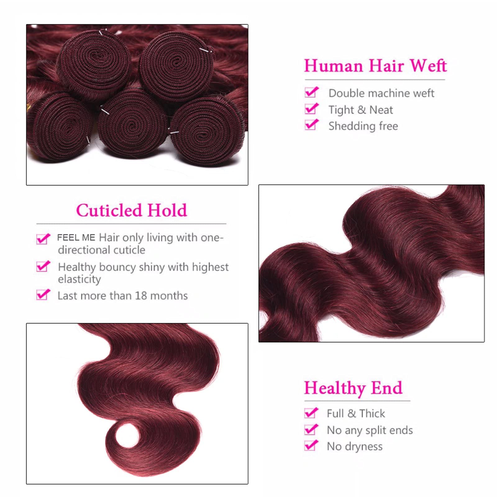 FEEL ME 99j Brazilian Body Wave Virgin Hair Bundles 3Pcs (10 12 14 Inch) - 100% Unprocessed Human Hair Extensions | Tangle-Free, Soft Burgundy Weft Hair for Natural Look | Perfect for Daily Wear, Parties & Special Occasions