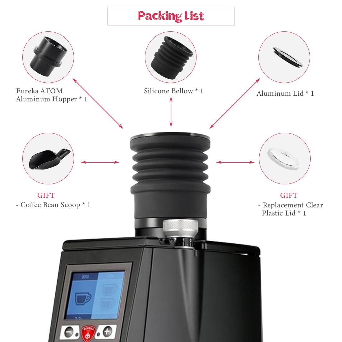 Eureka Atom Single Dose Coffee Grinder Hopper - Aluminum Compatible Hopper with Silicone Air Bellow & Lid - Perfect for Home Baristas & Specialty Coffee Brewing