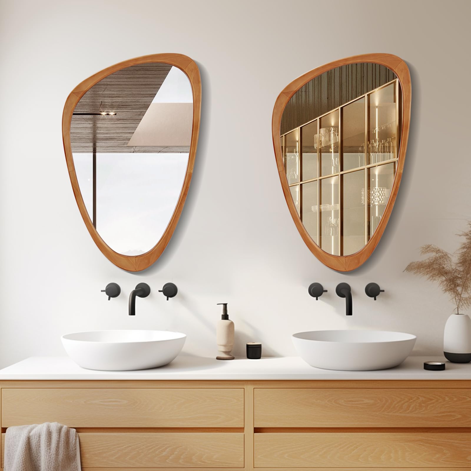 19.5x30.5 Inch Asymmetrical Wood Framed Wall Mirror - Unique Irregular Shaped Decorative Mirror for Bathroom, Living Room, Bedroom & Entryway - Perfect for Modern Home Decor and Vanity Areas