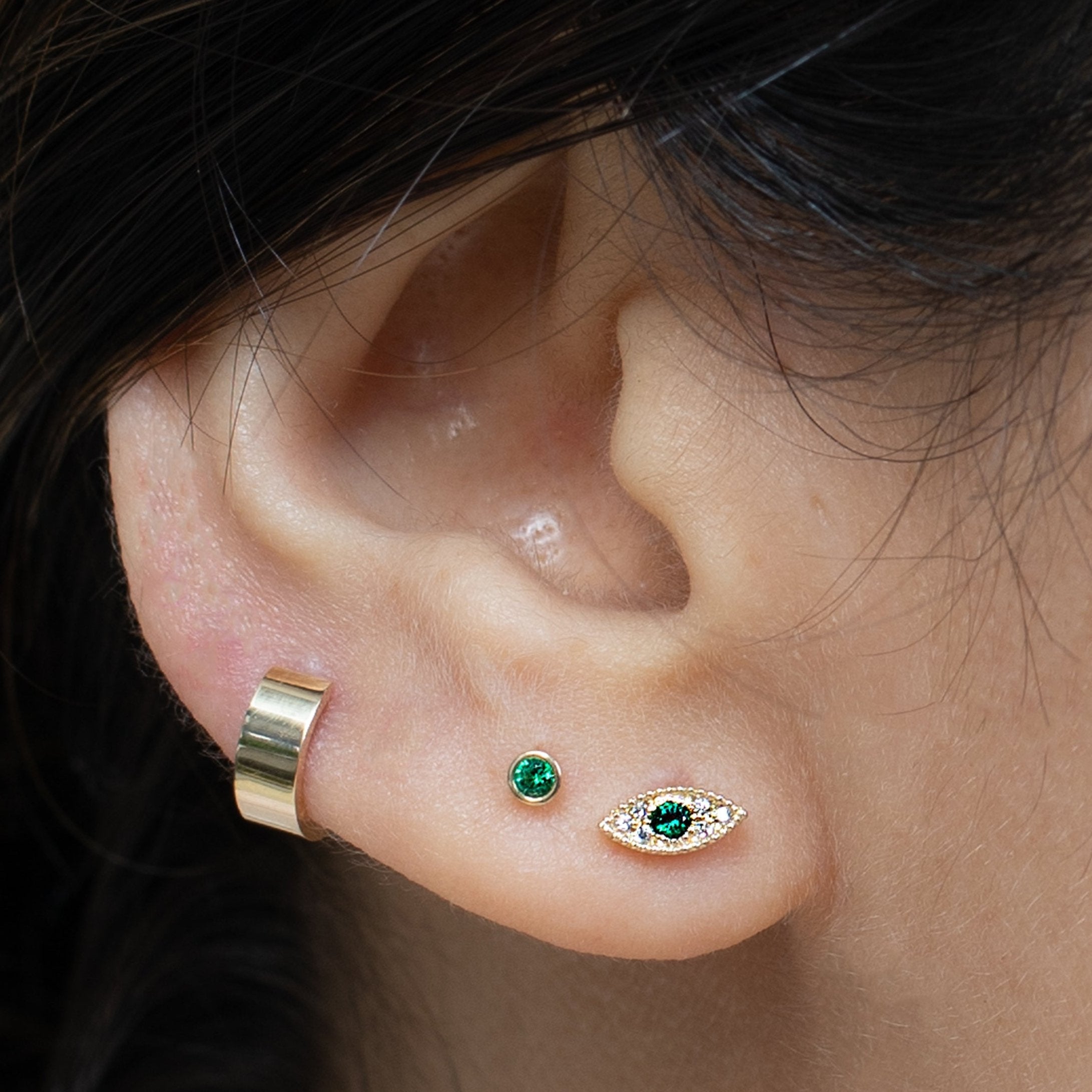 14K Yellow Gold Emerald Evil Eye Flat Back Stud Earrings for Women - Protection Jewelry for Everyday Wear & Gift Giving