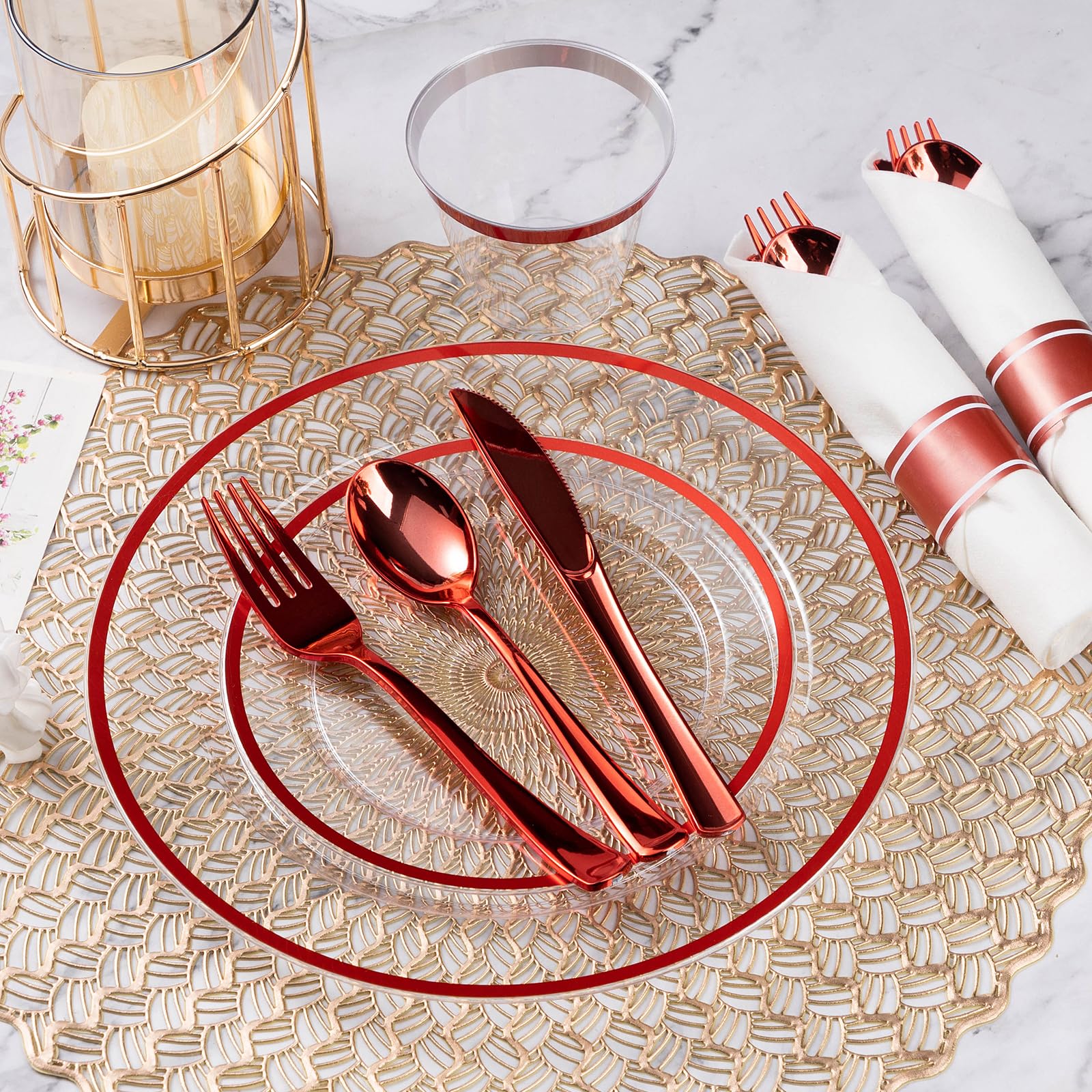 Goodluck 175-Piece Red Plastic Party Dinnerware Set - Disposable Plates, Cups & Cutlery for 25 Guests | Includes 25 Dinner Plates, Dessert Plates, Pre-Rolled Napkins & Cups | Perfect for Birthday Parties, Weddings, BBQs & Events