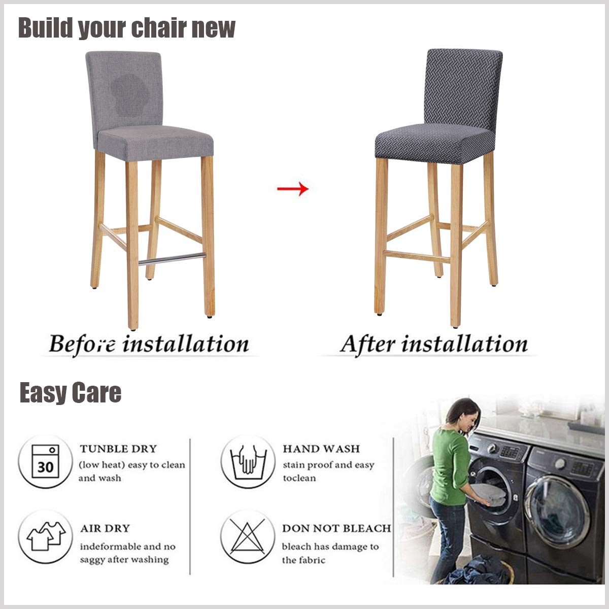 Stretch Waterproof Jacquard Bar Chair Covers - Washable & Removable Slipcovers for Dining Chairs, Bar Stools & Back Chairs (Set of 4, Dark Gray) - Perfect for Home, Restaurant & Office Use