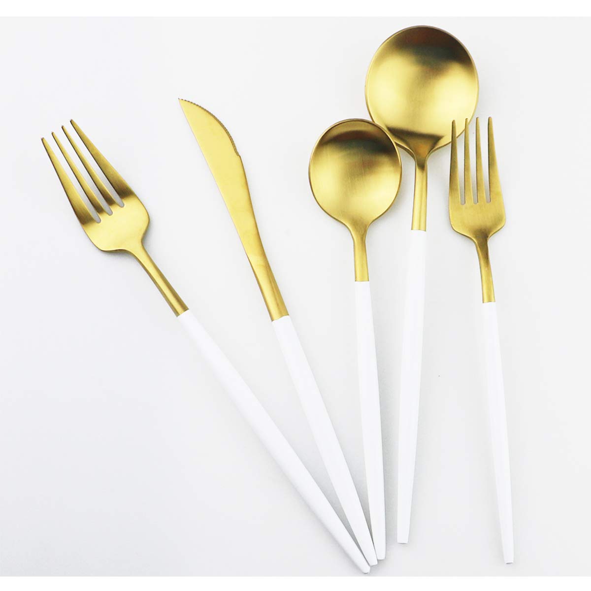 Premium 18/10 Stainless Steel Flatware Set - 5-Piece Matte White Gold Cutlery with Forks, Spoons & Knives - Elegant Dinnerware for Home, Camping & Travel - Durable & Stylish Tableware for Everyday Use