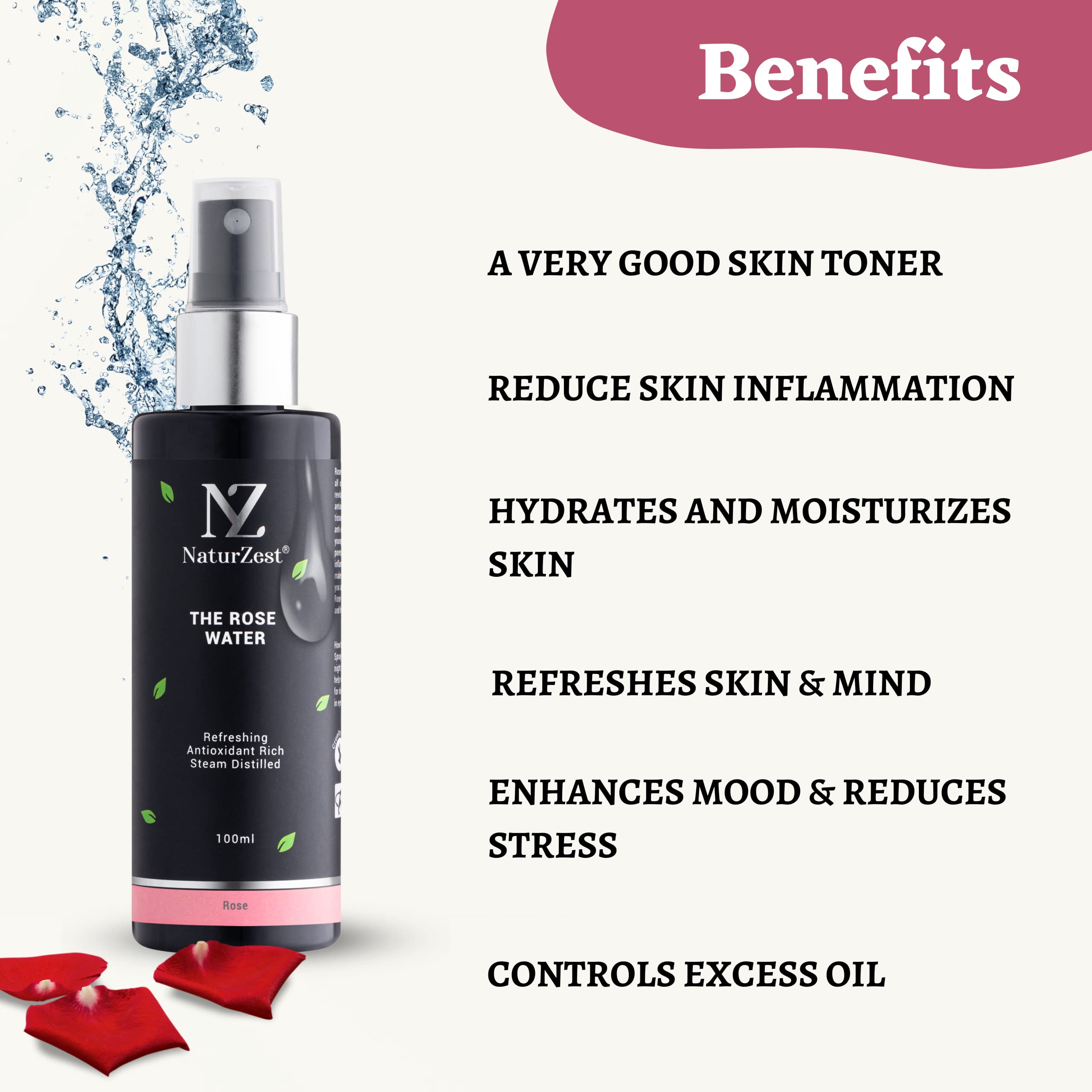 NaturZest Premium 100% Pure Rose Water Facial Toner - Alcohol-Free Hydrating Mist for Glowing Skin | Reduces Pores, Fine Lines & Wrinkles | Refreshing Natural Skincare Spray (100ml) for Daily Hydration, Makeup Setting & Post-Workout Refreshment