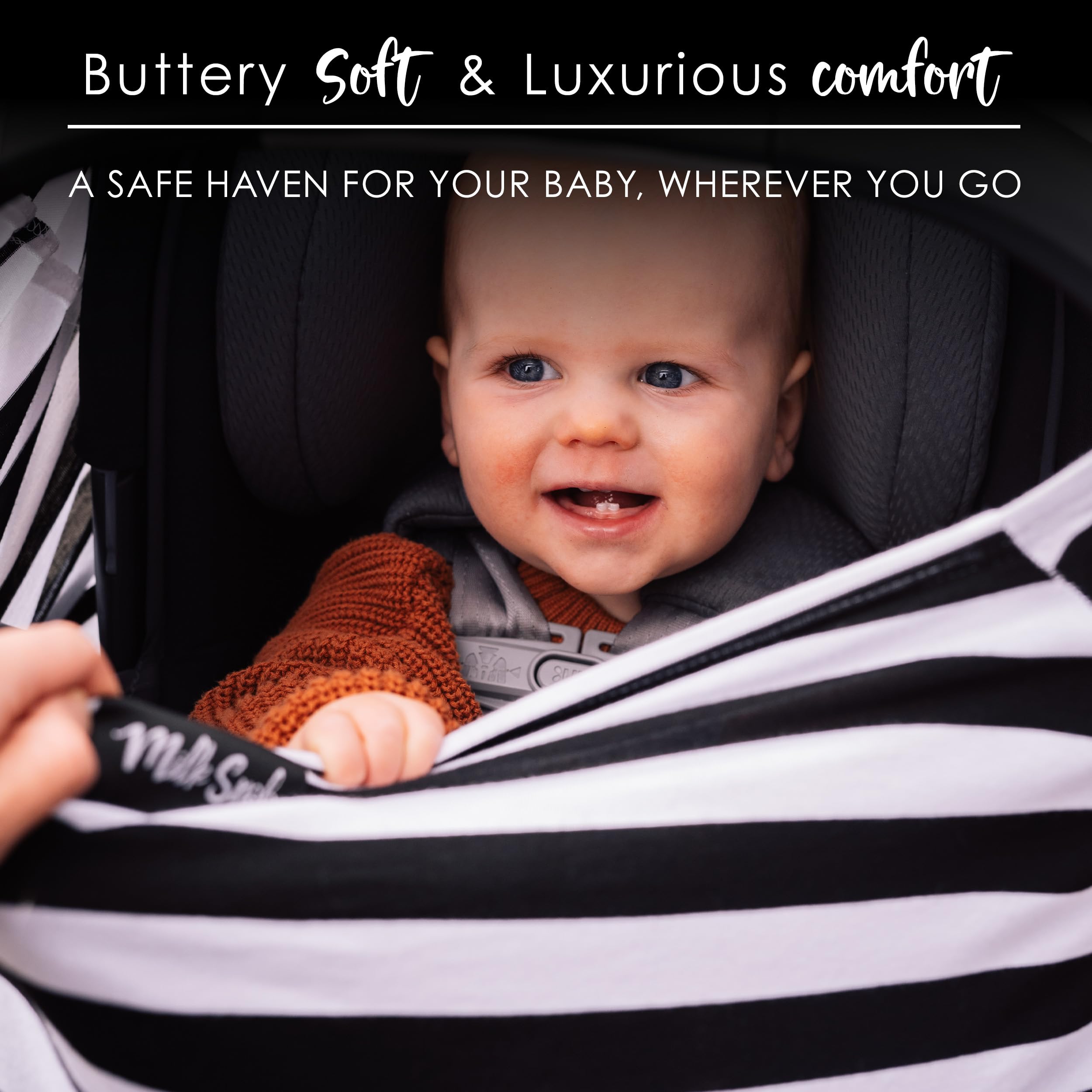 Milk Snob Original 5-in-1 Nursing Cover - Premium Baby Car Seat Cover, Stroller Canopy, High Chair Cover & Shopping Cart Protector - Soft Black & White Stripe for Breastfeeding Privacy - Perfect for Newborns, Travel & Everyday Use