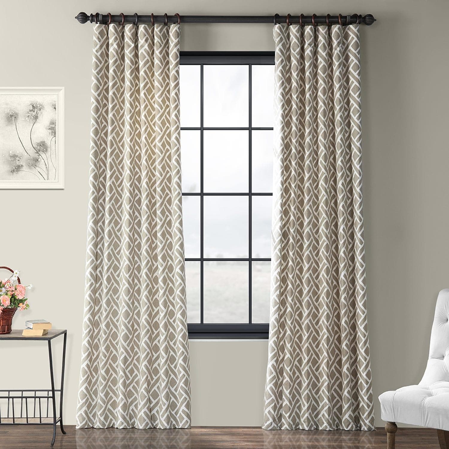 Martinique Taupe Geometric Printed Cotton Blackout Curtains for Living Room, Bedroom & Nursery - Light Blocking, Noise Reducing, Thermal Insulated Window Drapes