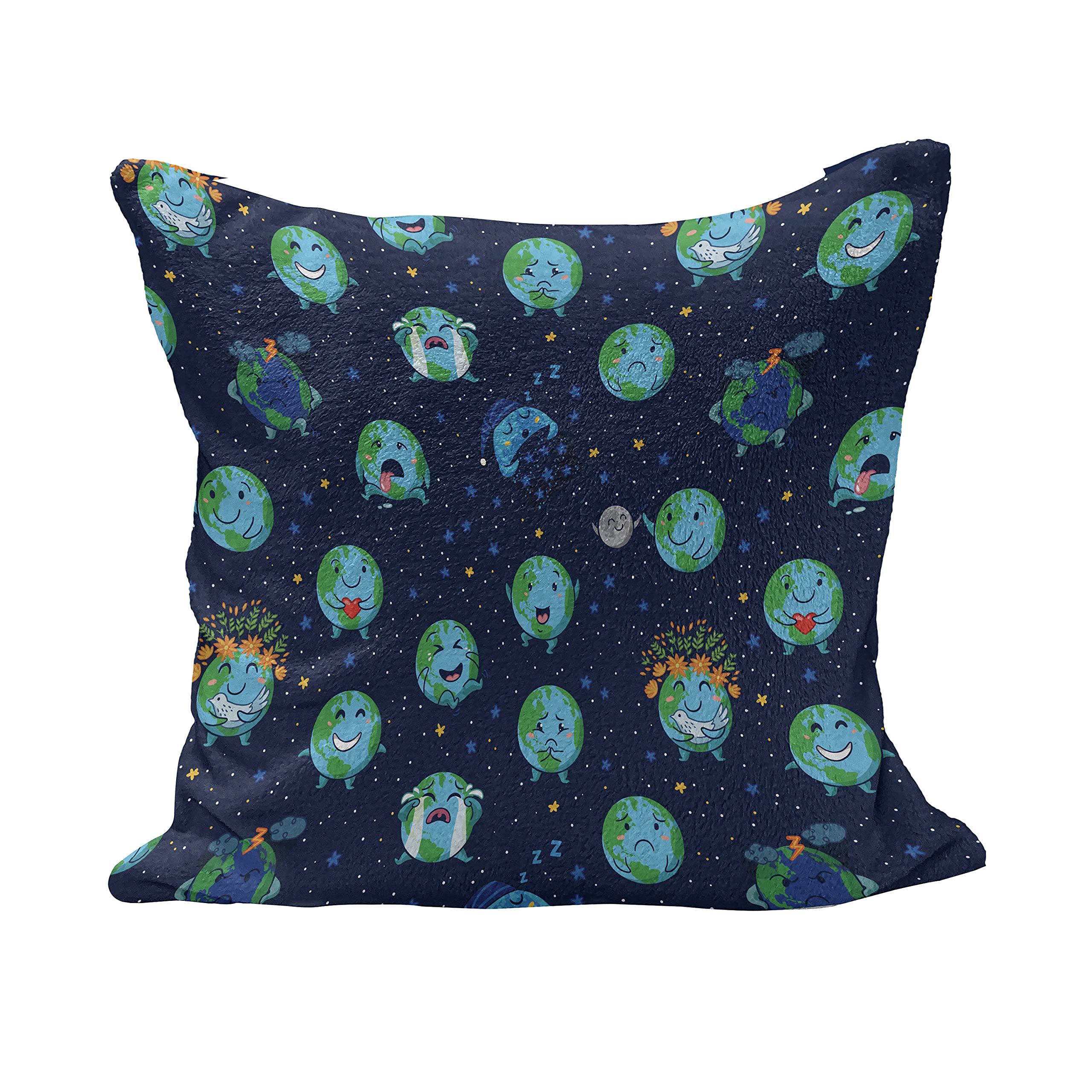 Ambesonne Emoticon Fluffy Throw Pillow Cover 20x20 Inches - Smiling Angry Sad Cheerful Planet Earth Faces with Star Backdrop, Multicolor Square Decorative Cushion Case for Sofa, Bed, Living Room Decor