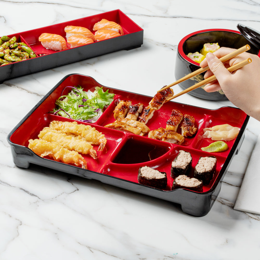 Premium Black & Red Japanese Bento Box - 5 Compartment Lunch Container (14