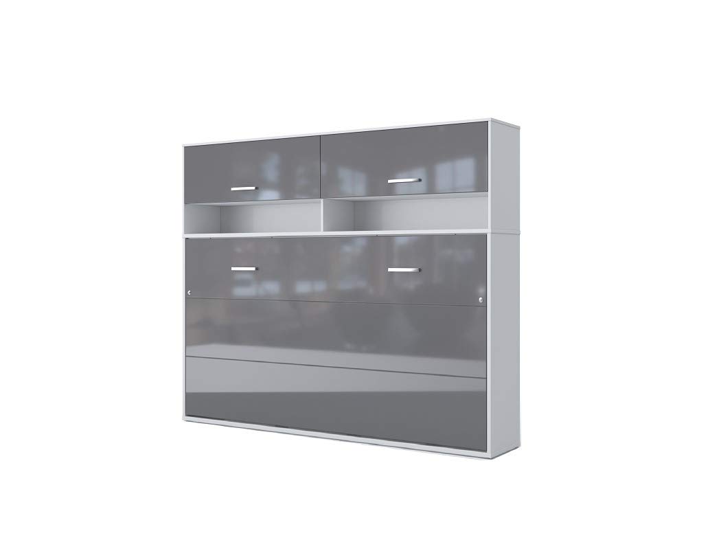 Horizontal Wall Bed with Mattress - European Queen Size with Top Cabinet (White/Grey) | Space-Saving Murphy Bed for Small Apartments, Guest Rooms & Home Offices