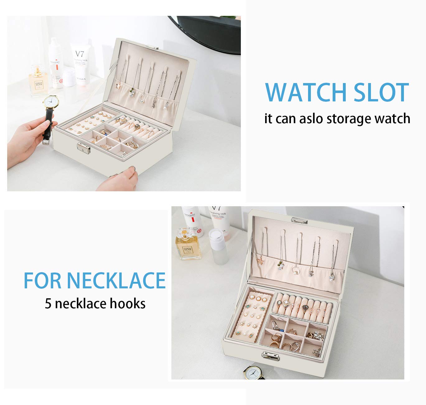 2-Layer Large Lockable Jewelry Box Organizer for Women - Elegant White Jewelry Storage Case for Earrings, Rings, Necklaces - Perfect Gift & Display Jewelry Holder for Bedroom, Dresser, Travel