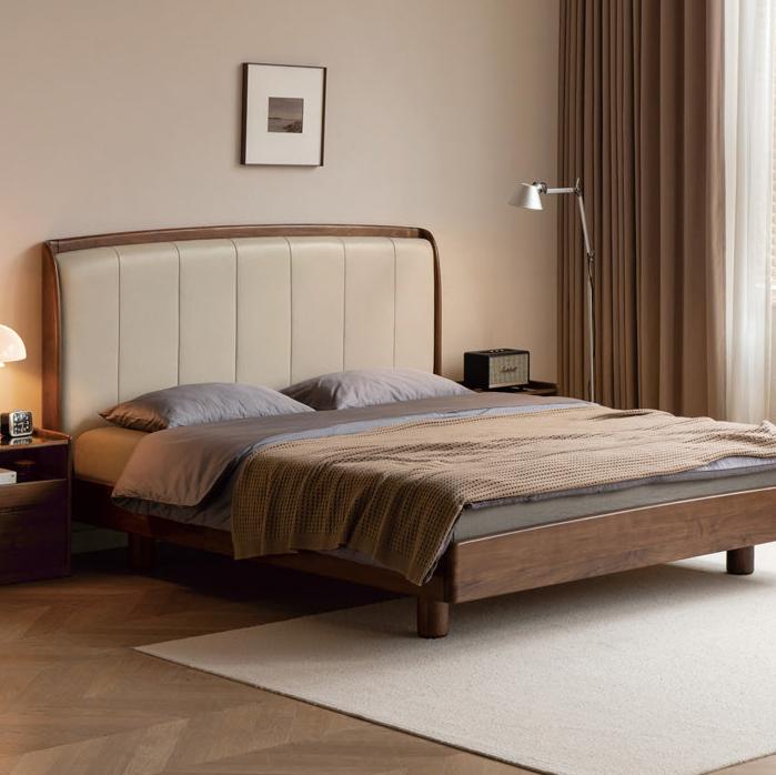 Premium Black Walnut & Ash Solid Wood Leather Upholstered Bed Frame - High Soft Back Support for Master Bedroom, Guest Room & Luxury Home Decor