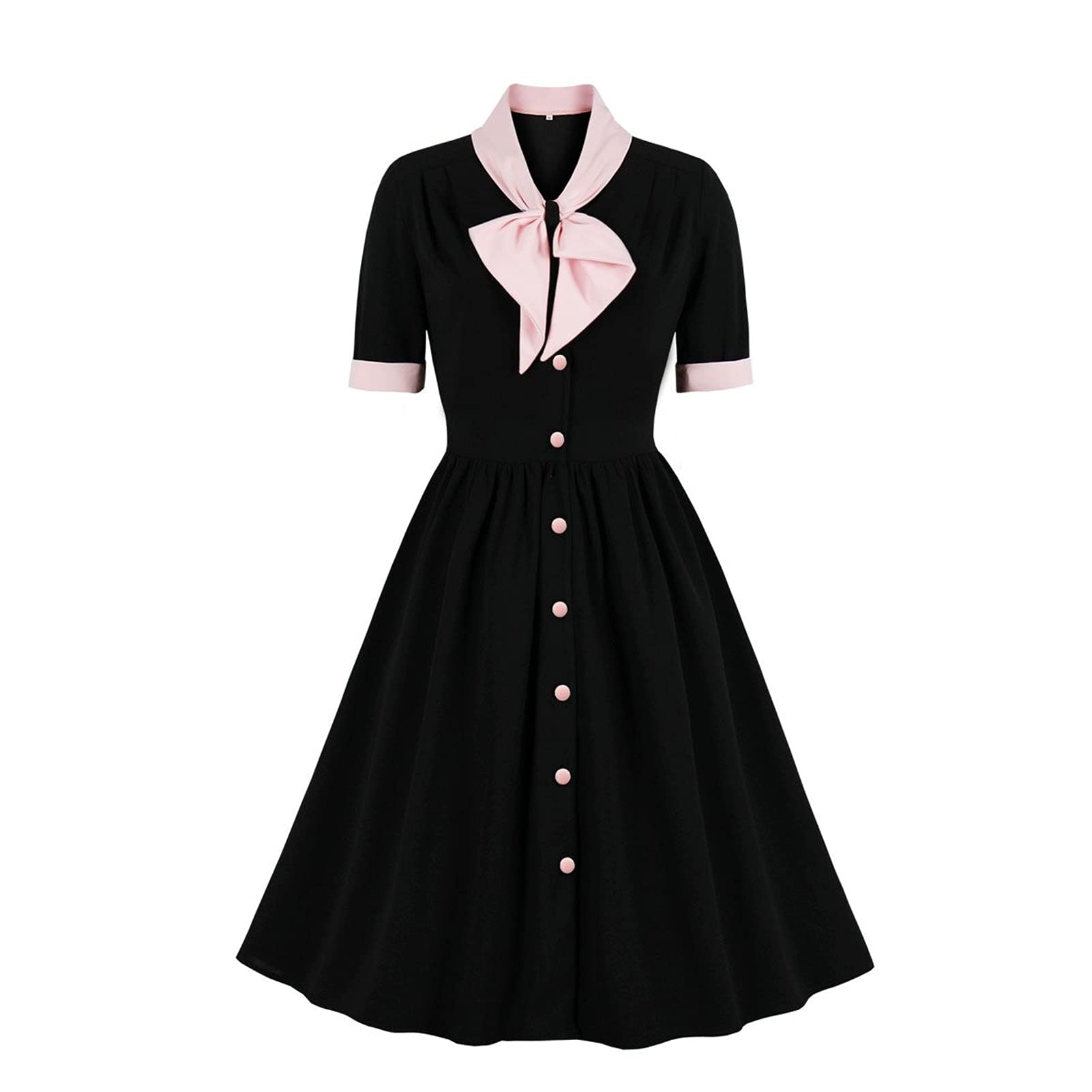 Vintage 1950s Women's Swing Dress with Pink Bow Tie Neck - Knee-Length Cocktail Dress for Parties, Dances & Retro Events