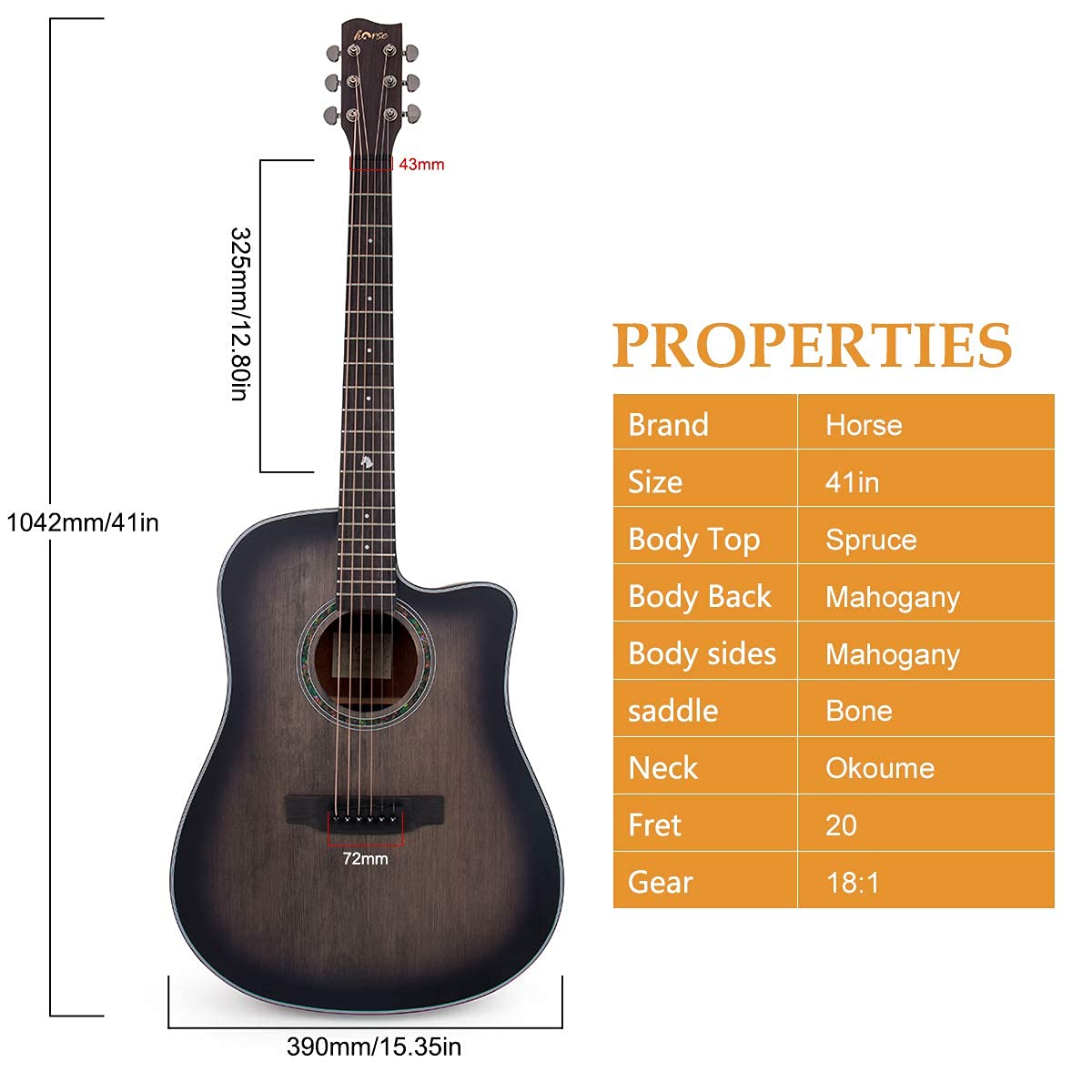 41 Inch Full-Size Dreadnought Acoustic Guitar with Cutaway - Professional Folk Guitar with 6 Metal Strings & Complete Beginner Kit (Gig Bag, Tuner, Strap, Picks) - Perfect for Beginners, Camping, Travel & Home Practice